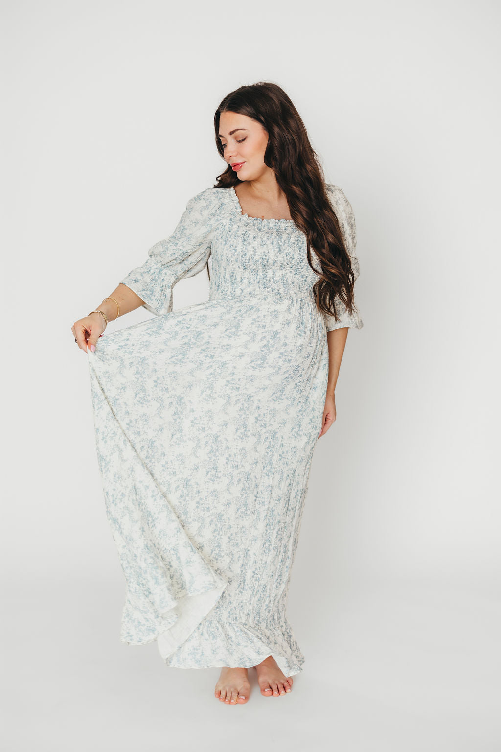 Sienna 100% Cotton Puff Sleeve Maxi Dress in Blue Floral - Bump Friendly