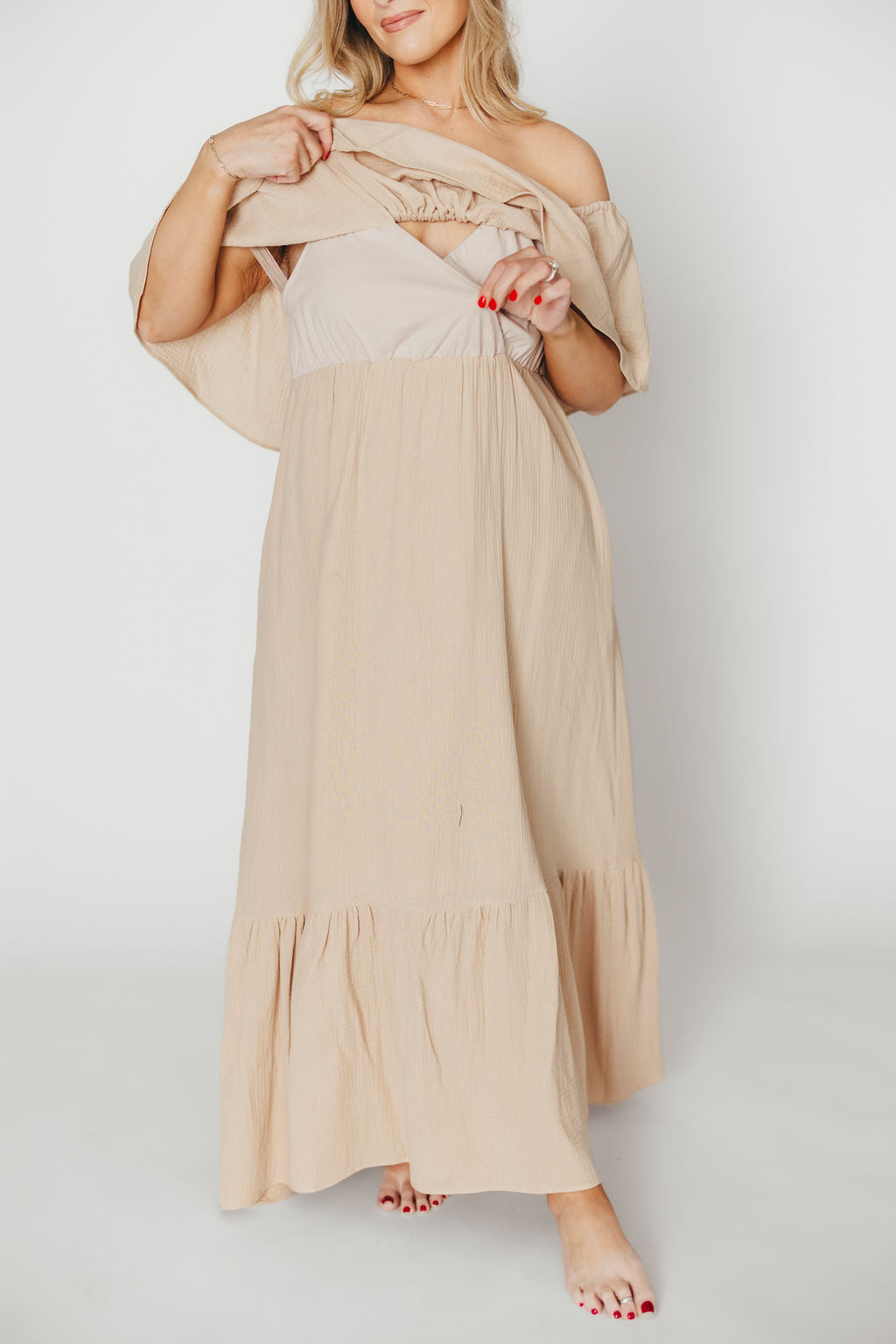 Josie 100% Cotton Maxi Dress in Beige - Bump & Nursing Friendly