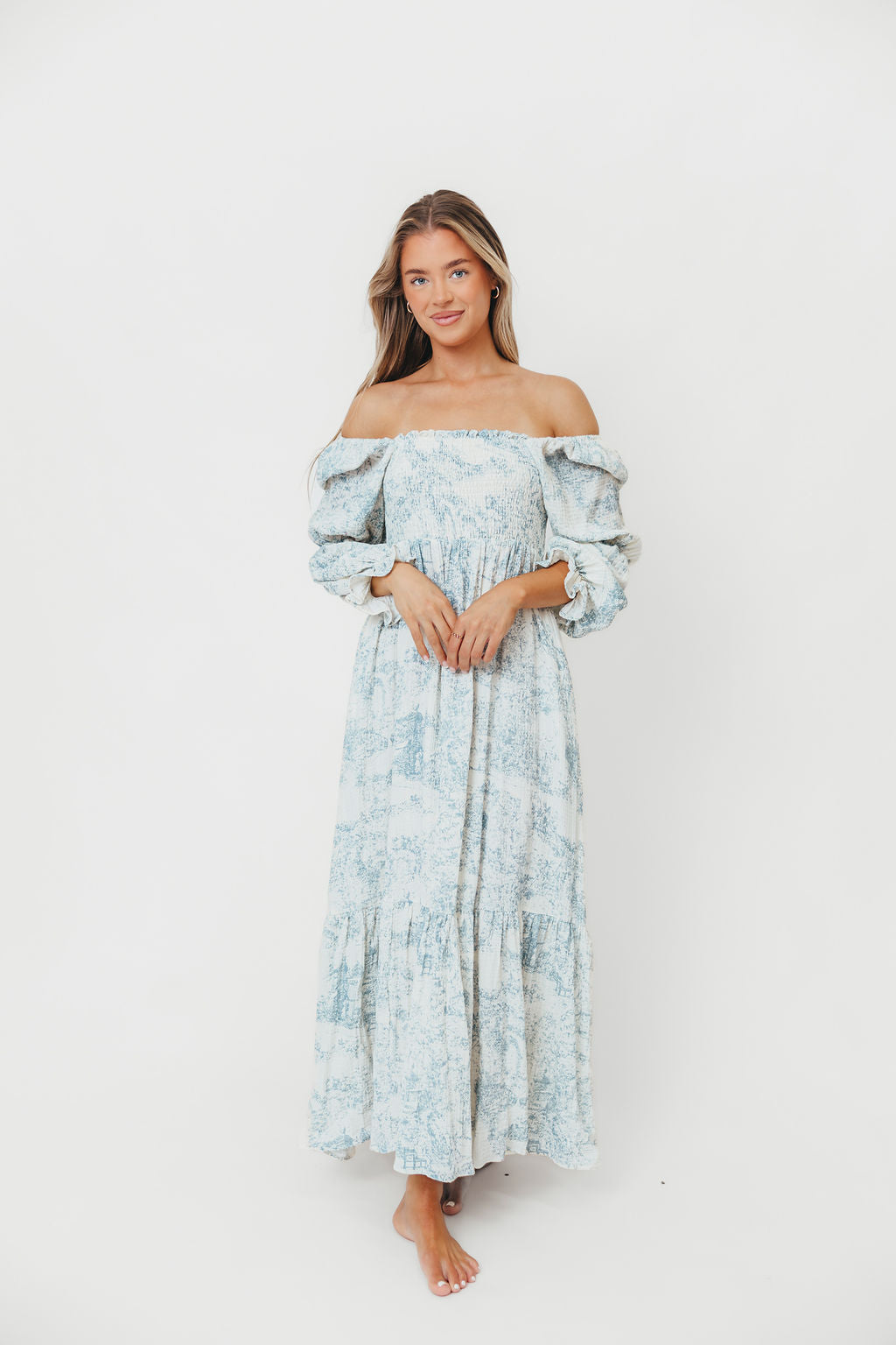 Emerson 100% Cotton Smocked Maxi Dress with Long Sleeves in Blue Toile - Bump Friendly