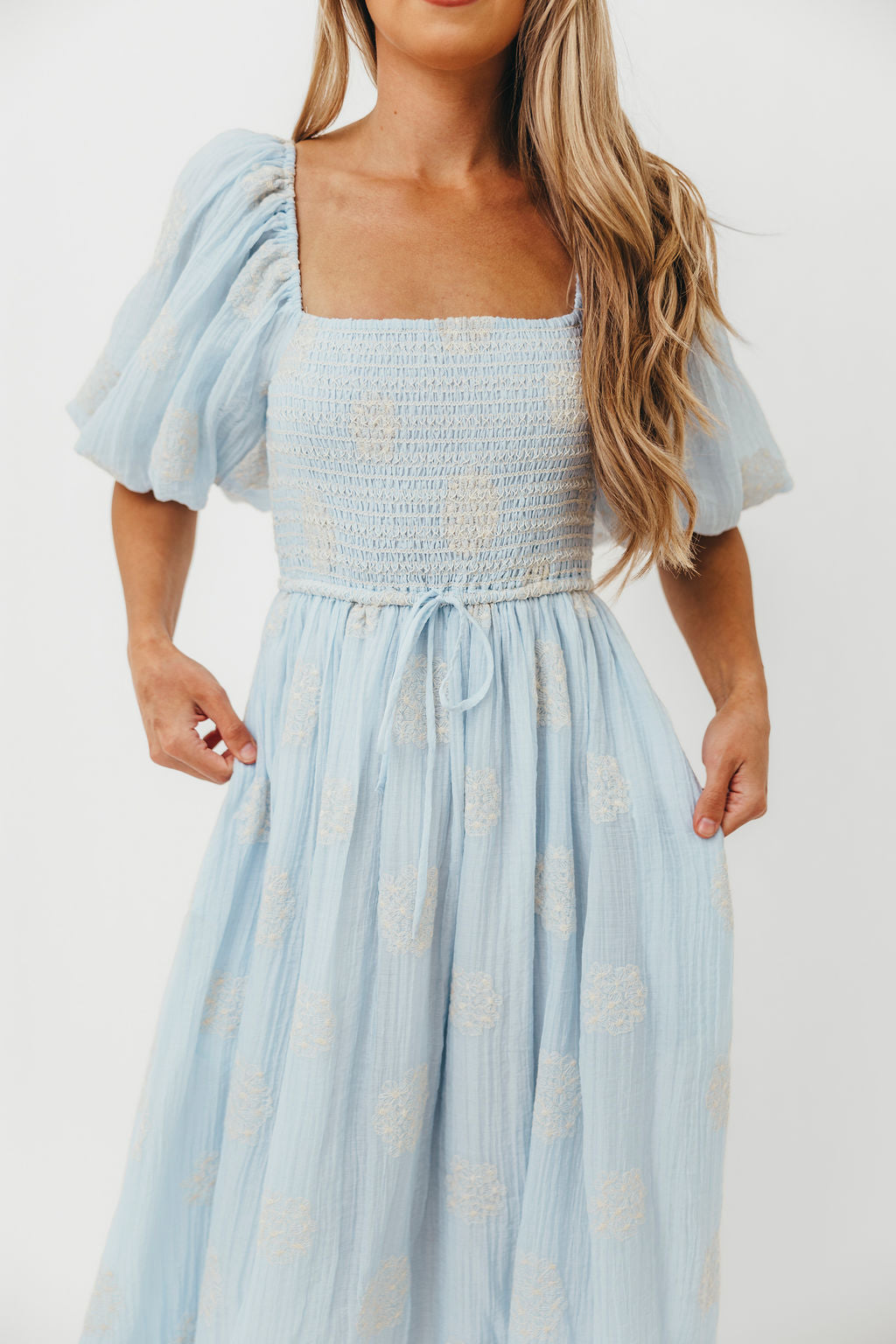 Aimee Smocked Embroidered Floral Midi Dress in Blue