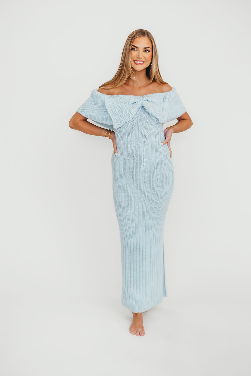 Aston Bow Front Maxi Sweater Dress in Ice Metal– Bump Friendly & Inclusive Sizing (S-3XL)