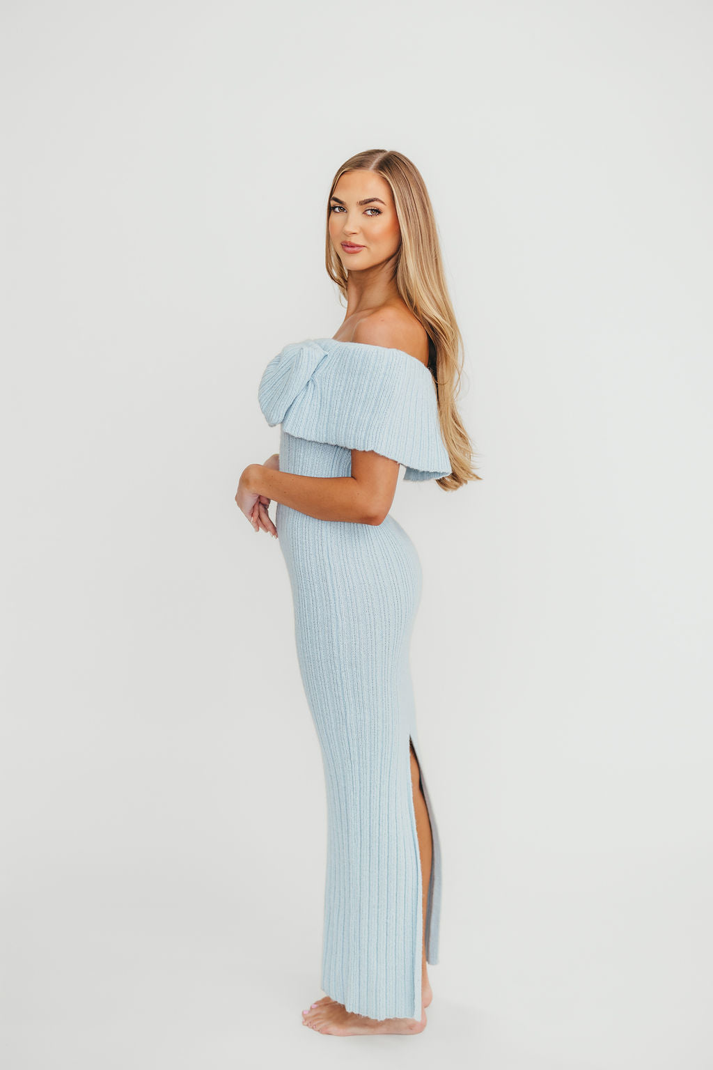 Aston Bow Front Maxi Sweater Dress in Ice Metal– Bump Friendly & Inclusive Sizing (S-3XL)