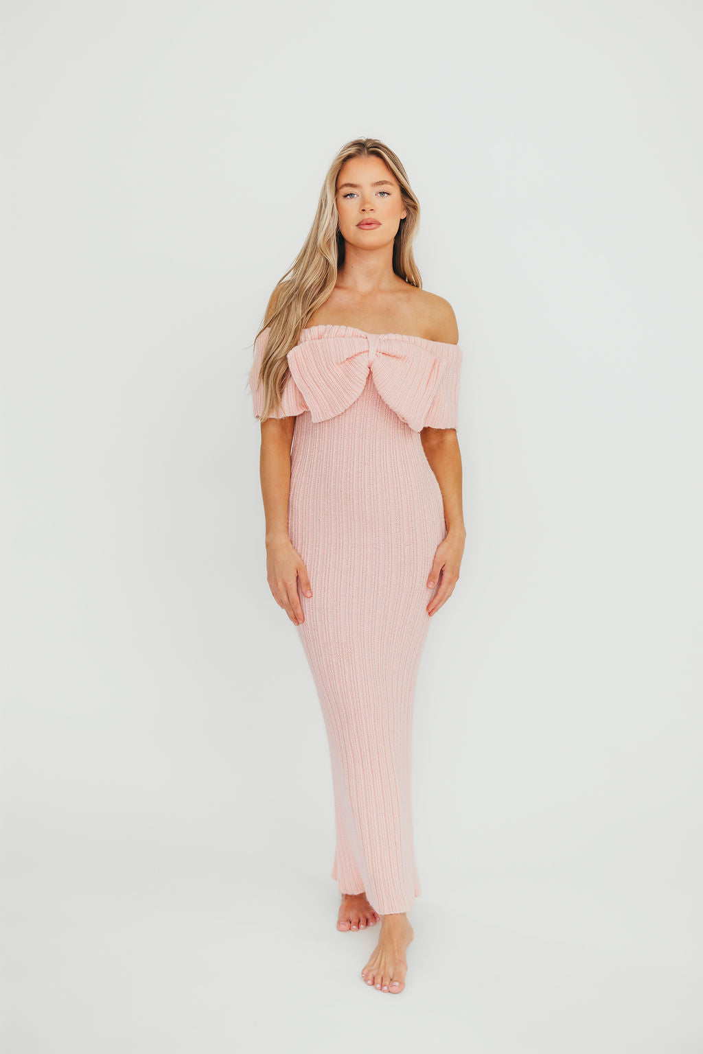 Aston Bow Front Maxi Sweater Dress in Pinkish Petal – Bump Friendly & Inclusive Sizing (S-3XL)