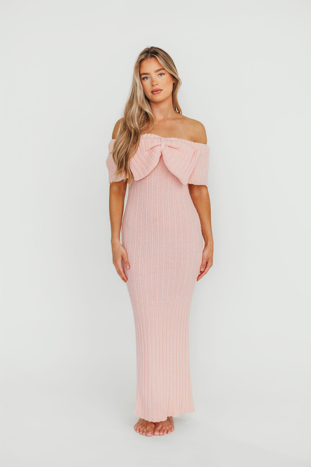 Aston Bow Front Maxi Sweater Dress in Pinkish Petal – Bump Friendly & Inclusive Sizing (S-3XL)