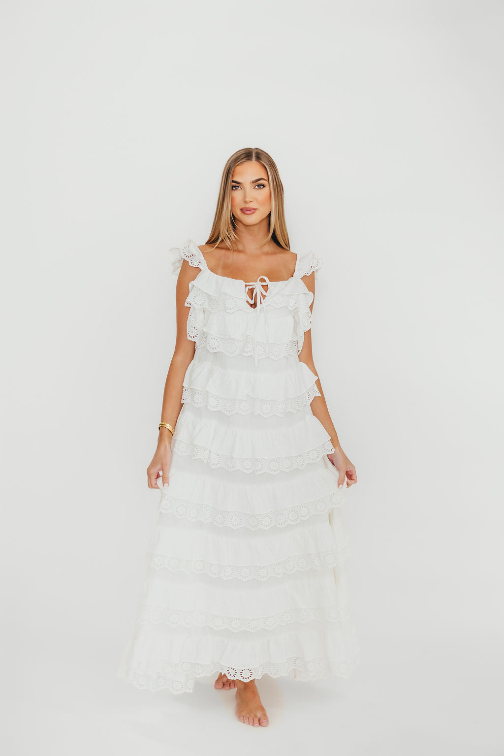 Mikayla 100% Cotton Lace and Gauze Contrast Tiered Maxi Dress in Off-White