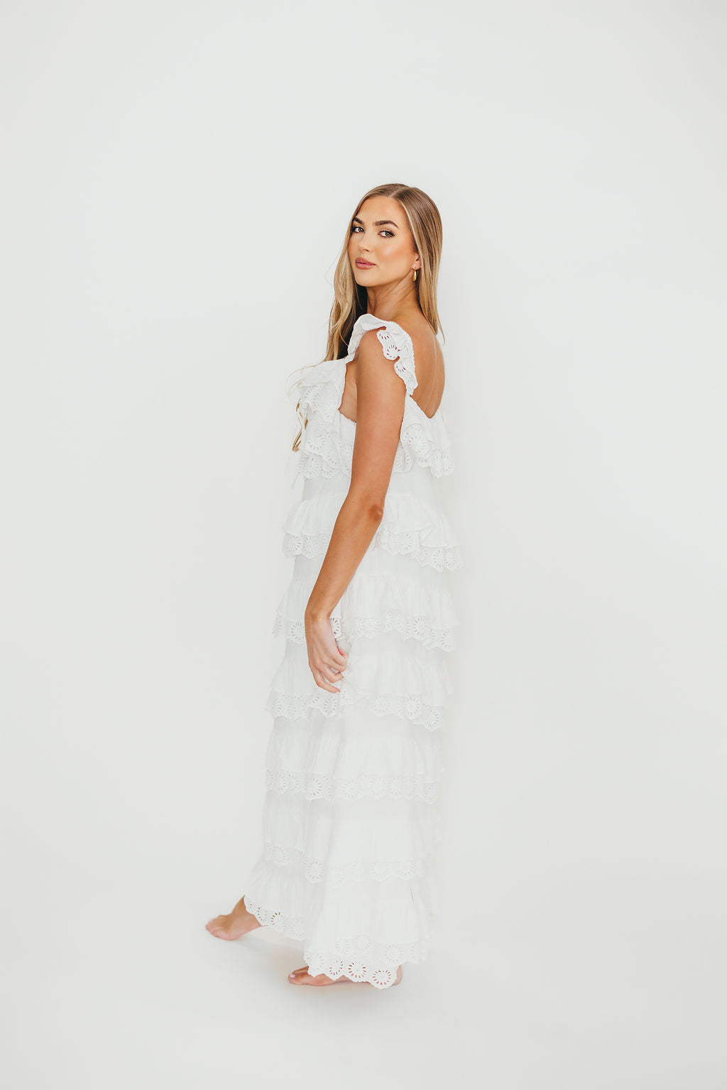 Mikayla 100% Cotton Lace and Gauze Contrast Tiered Maxi Dress in Off-White