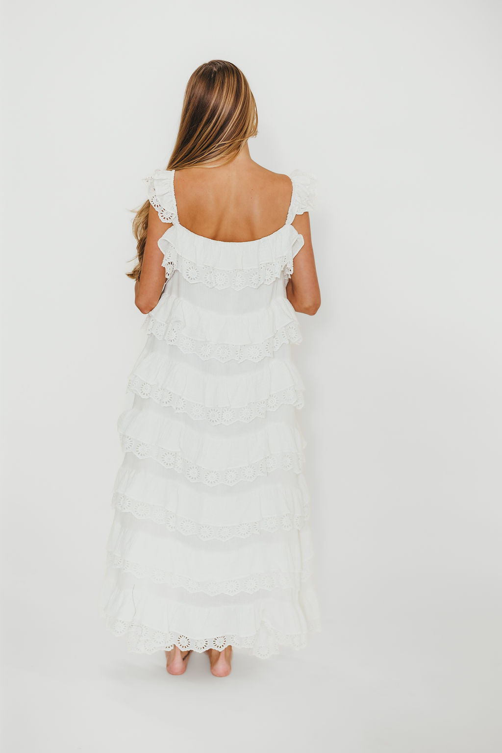 Mikayla 100% Cotton Lace and Gauze Contrast Tiered Maxi Dress in Off-White