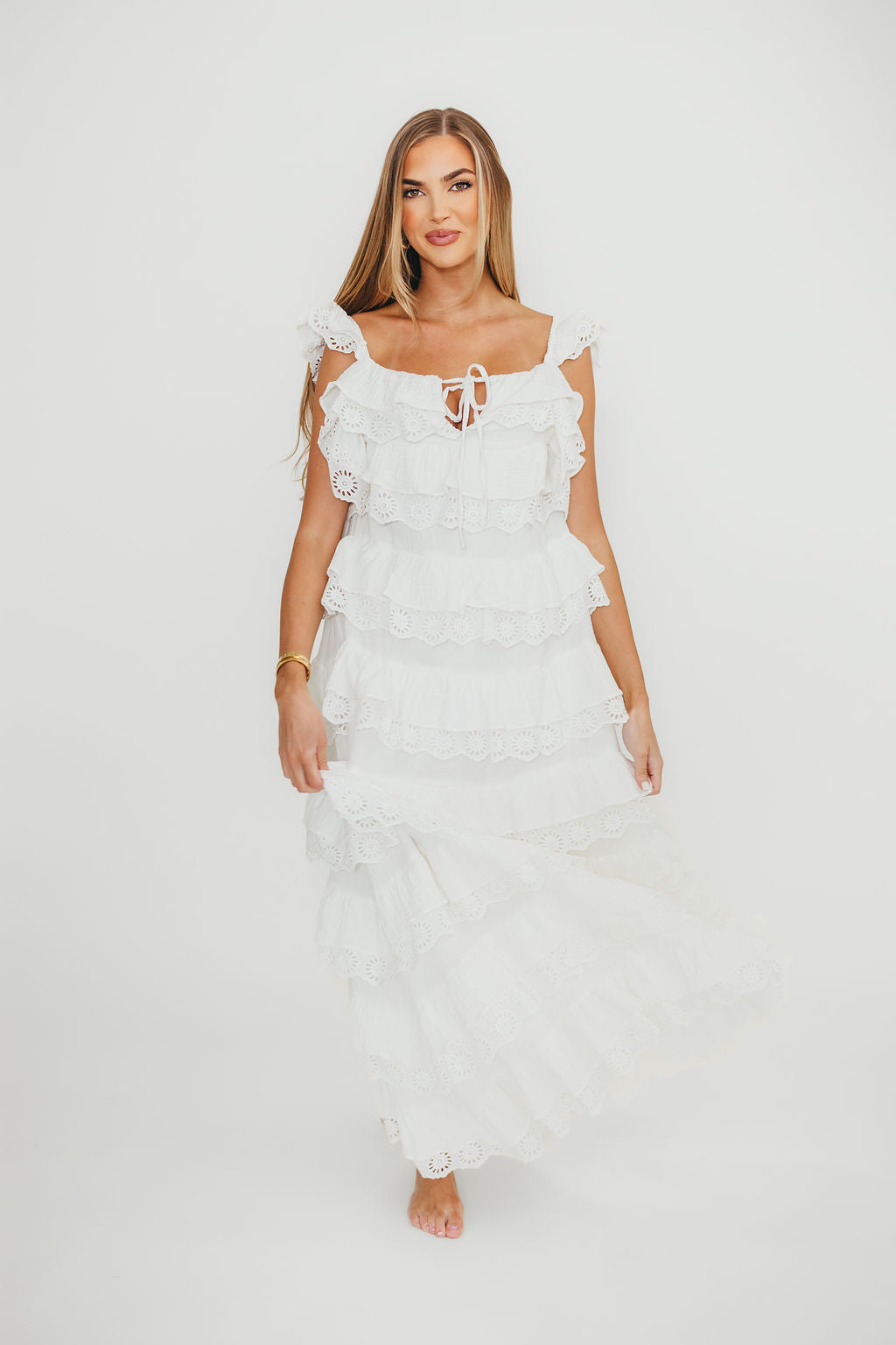 Mikayla 100% Cotton Lace and Gauze Contrast Tiered Maxi Dress in Off-White