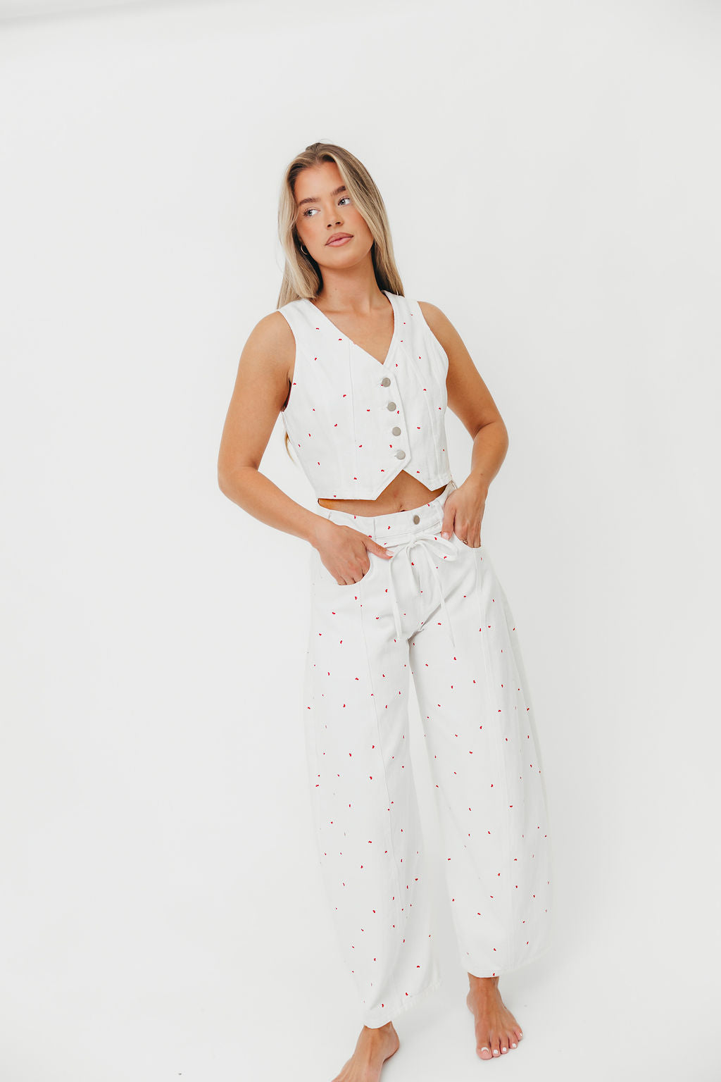 Dolly 100% Cotton Mini Bow Print Twill Vest in Off-White
