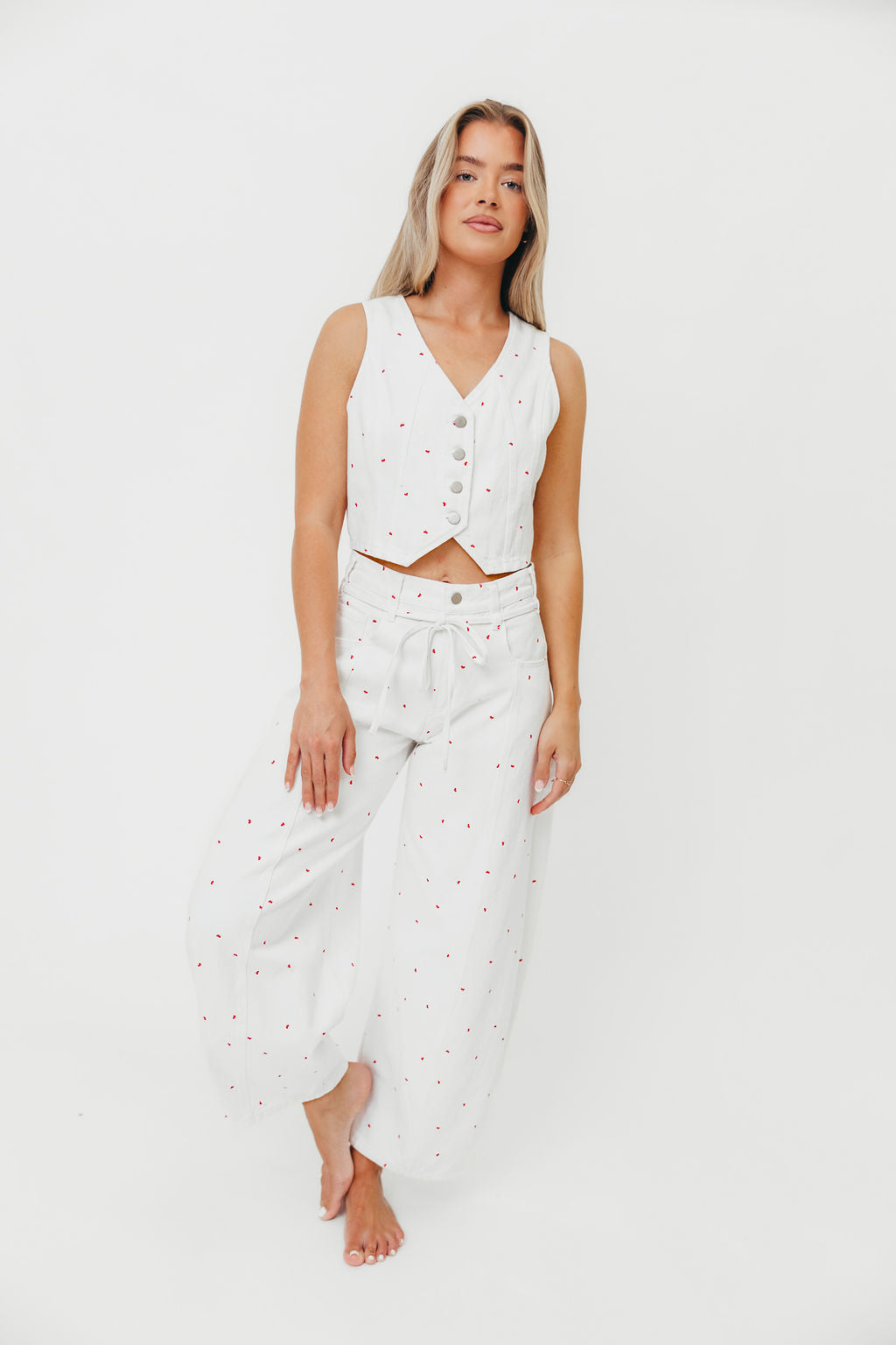 Dolly 100% Cotton Mini Bow Print Twill Vest in Off-White