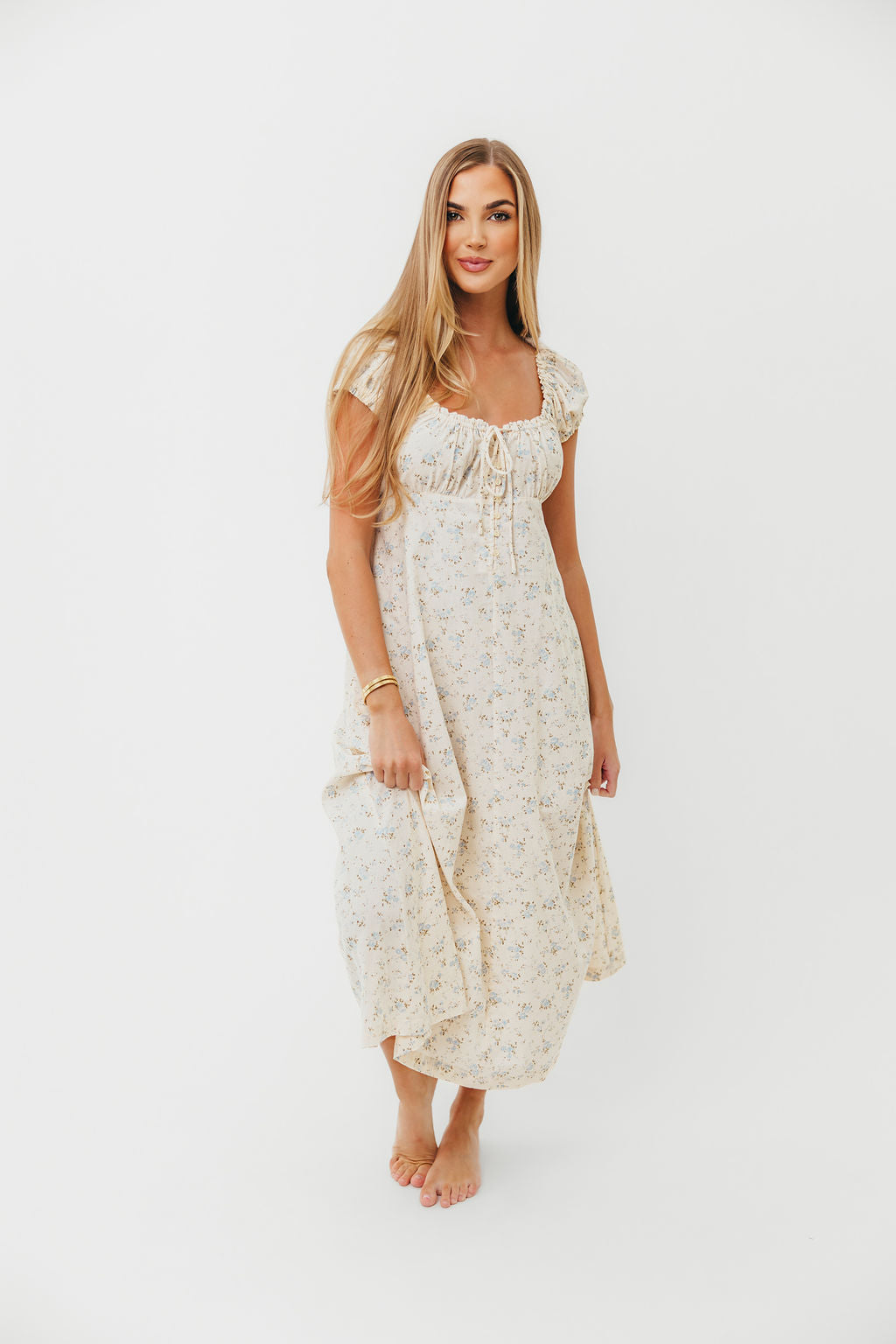 Marley 100% Cotton Midi Dress in Ivory/Blue Floral -Bump Friendly