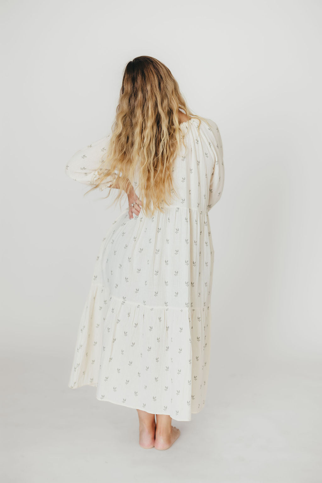 Avery Tiered Linen-Blend Midi Dress in Soy/Sage Foliage - Bump Friendly and Inclusive Sizing