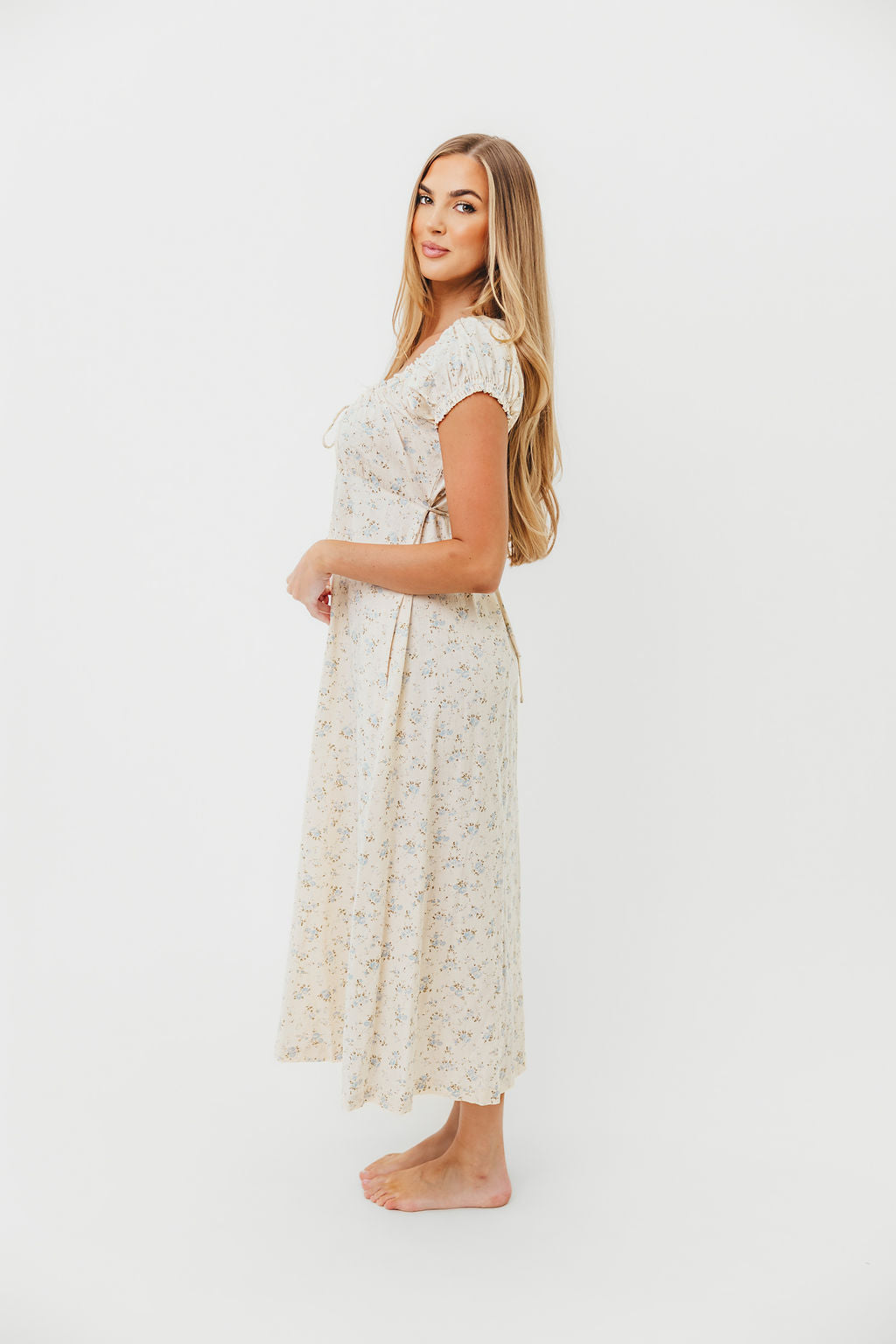 Marley 100% Cotton Midi Dress in Ivory/Blue Floral -Bump Friendly