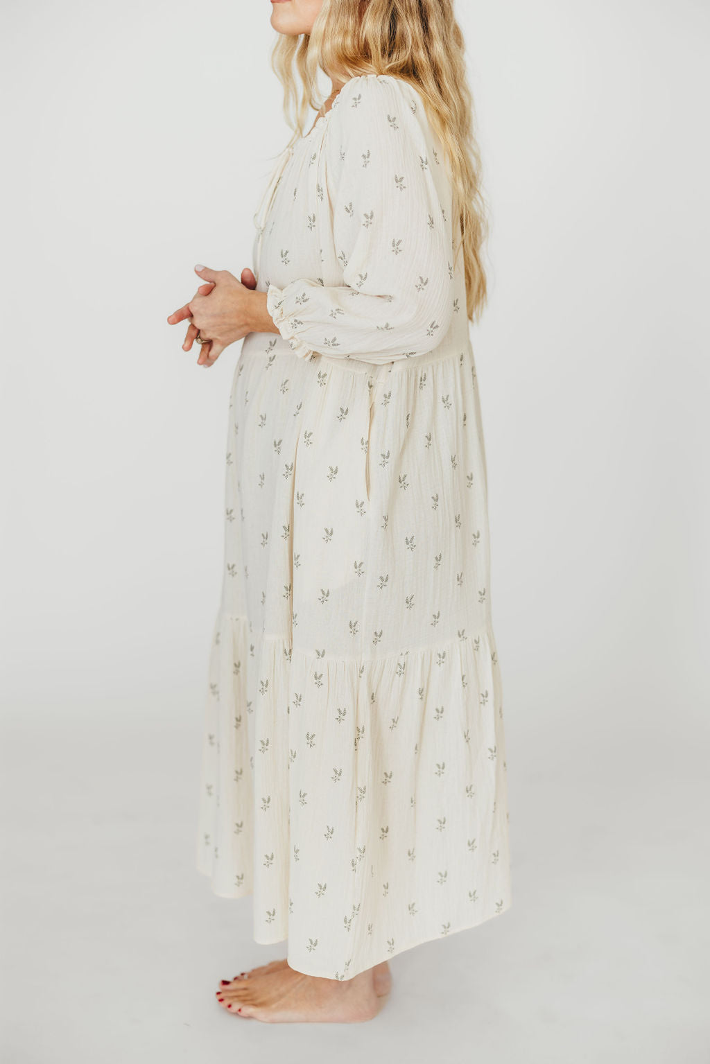 Avery Tiered Linen-Blend Midi Dress in Soy/Sage Foliage - Bump Friendly and Inclusive Sizing