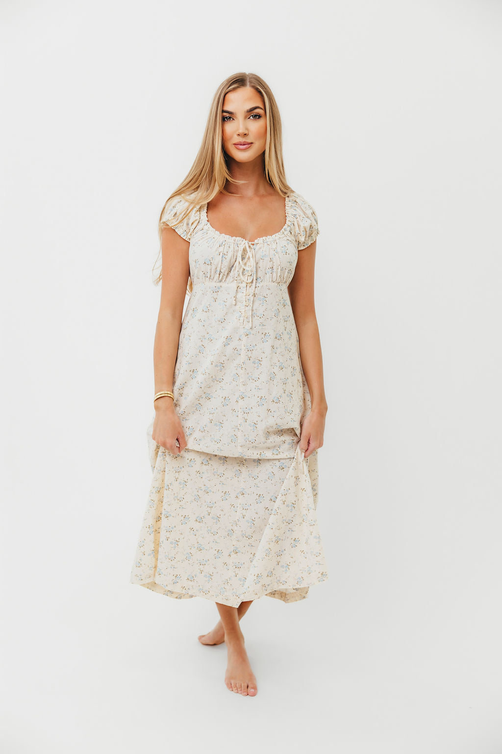 Marley 100% Cotton Midi Dress in Ivory/Blue Floral -Bump Friendly
