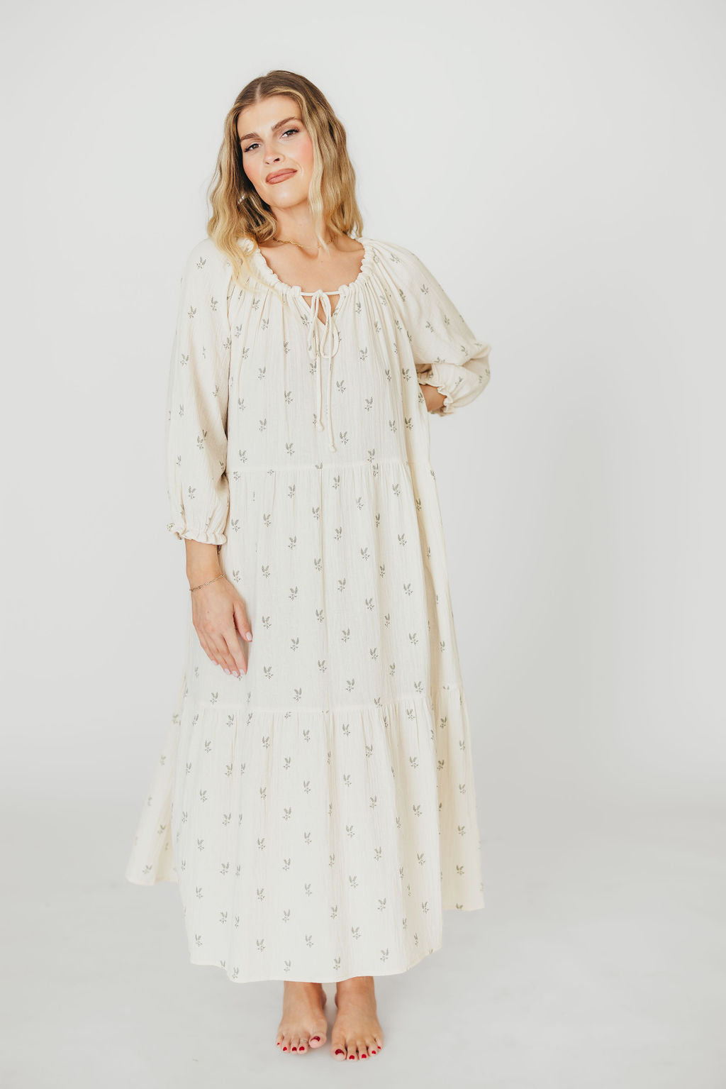 Avery Tiered Linen-Blend Midi Dress in Soy/Sage Foliage - Bump Friendly and Inclusive Sizing