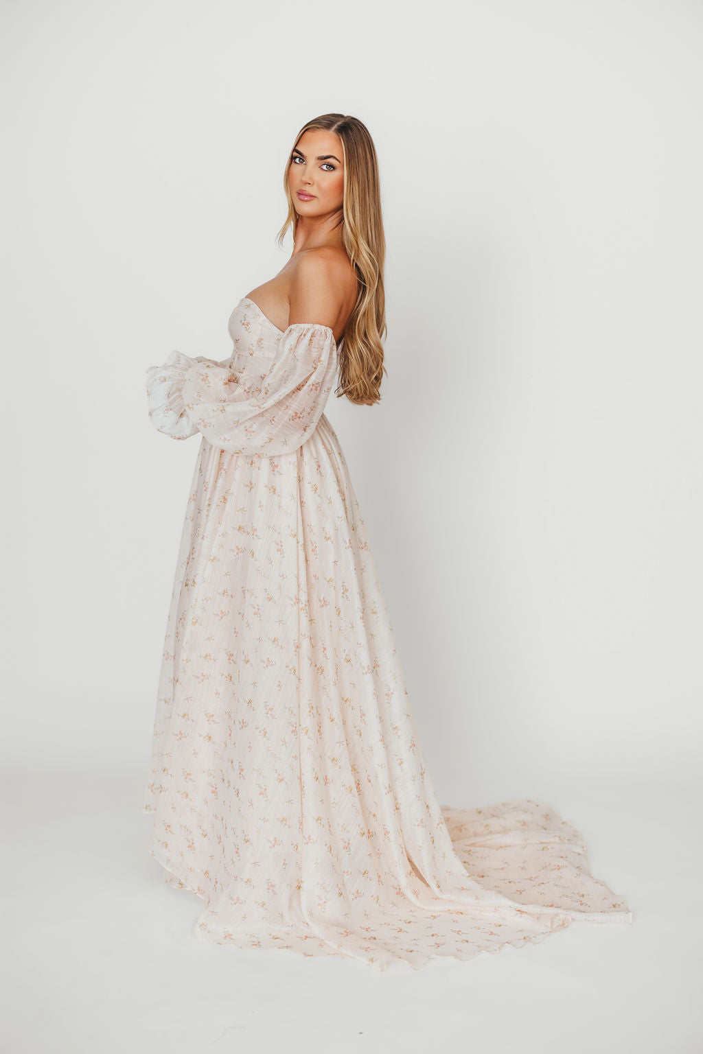 Delilah Maxi Dress with Train in Peach - Bump Friendly (XS-3XL)