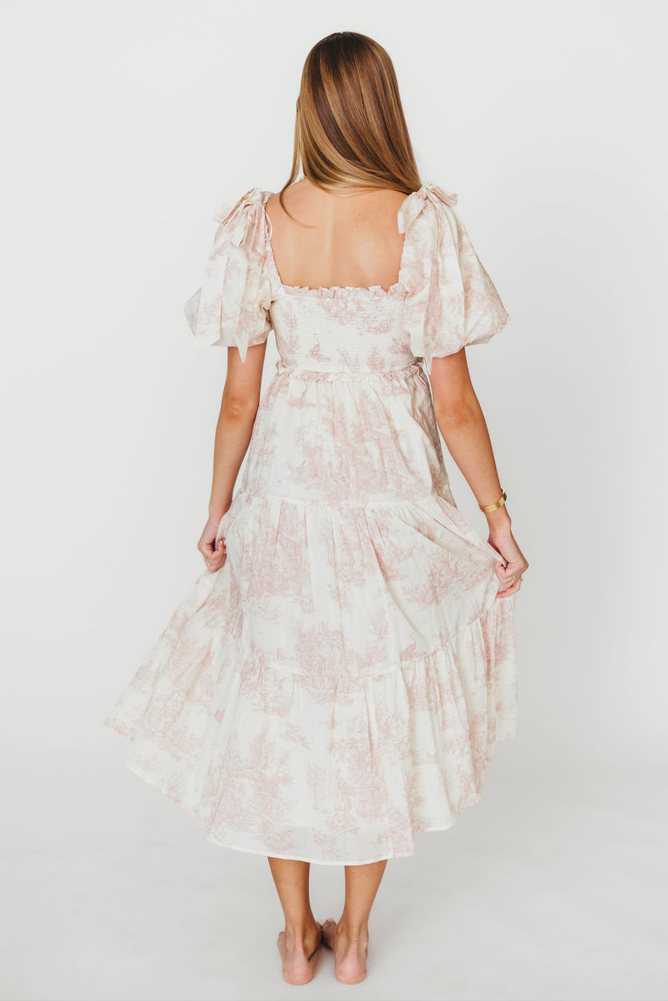 Elena 100% Cotton Toile Print Smocked Midi Dress in Pink - Bump Friendly (Restocking in Oct)