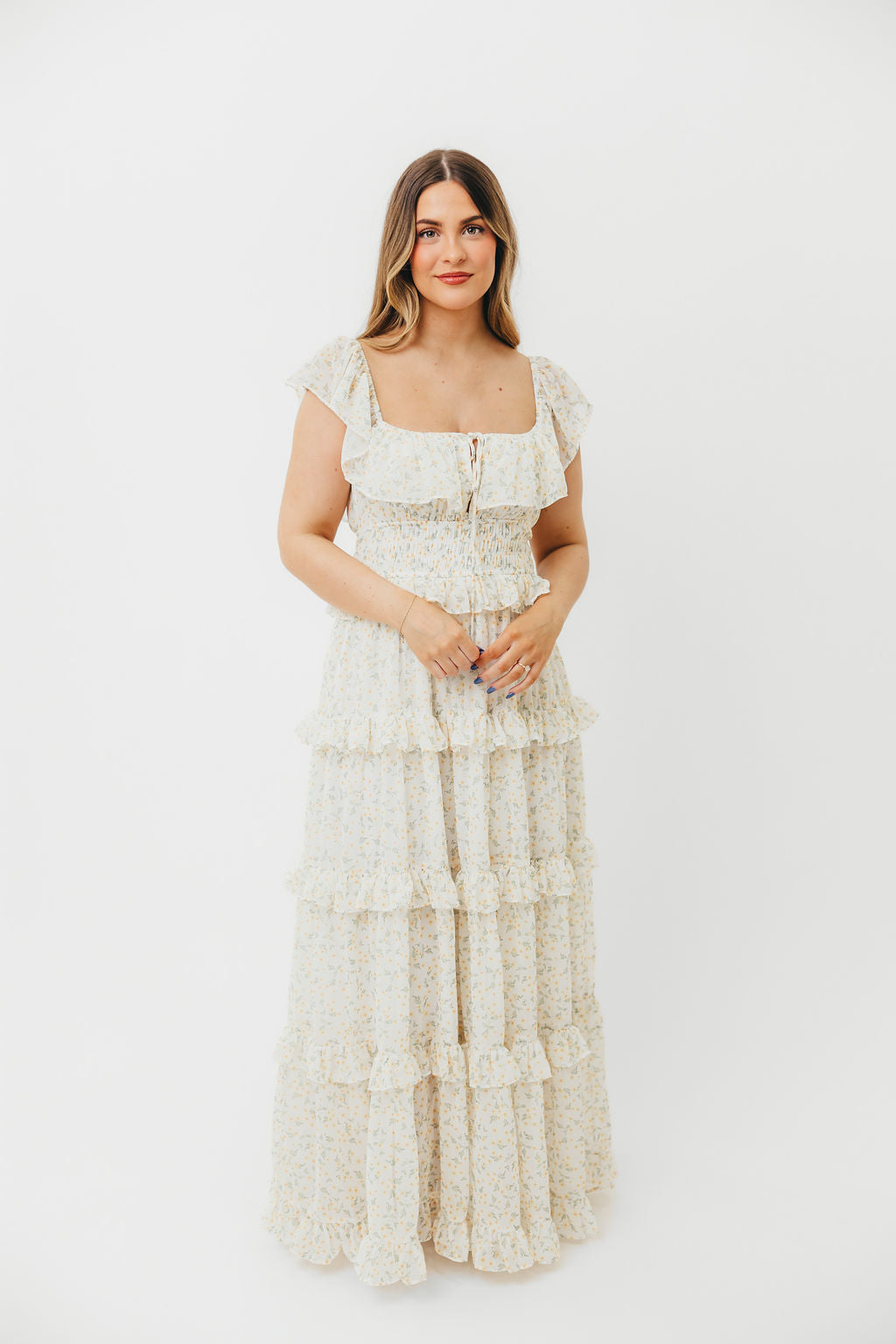 Astrid Ruffle Detail Maxi Dress in Yellow Floral - Bump Friendly
