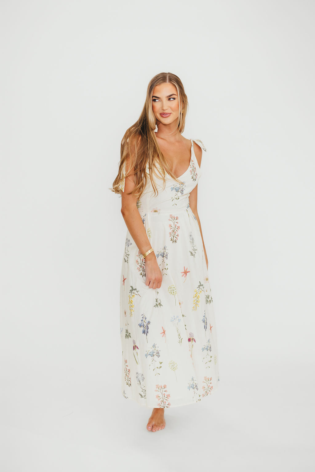 Fawna Floral Midi Dress in Cream