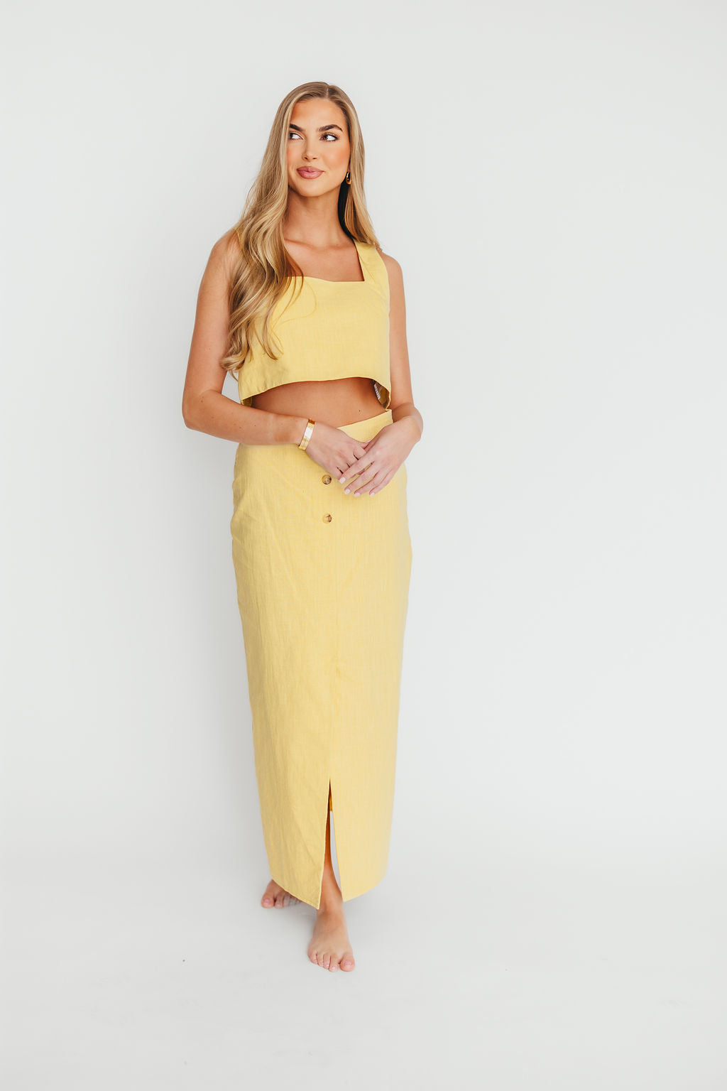 Sierra Linen Crop Top and Skirt Set in Light Yellow