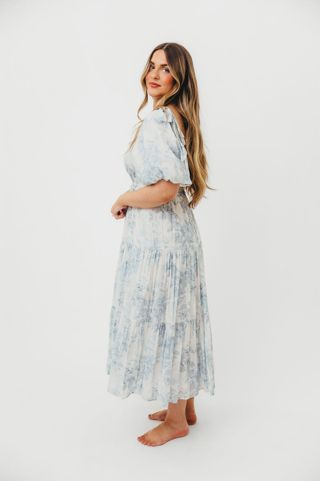 Elena Floral Print Smocked Midi Dress in Blue - Bump Friendly & Inclusive Sizing XS & S Left in Stock) (Restocking Remaining Sizes in Oct)