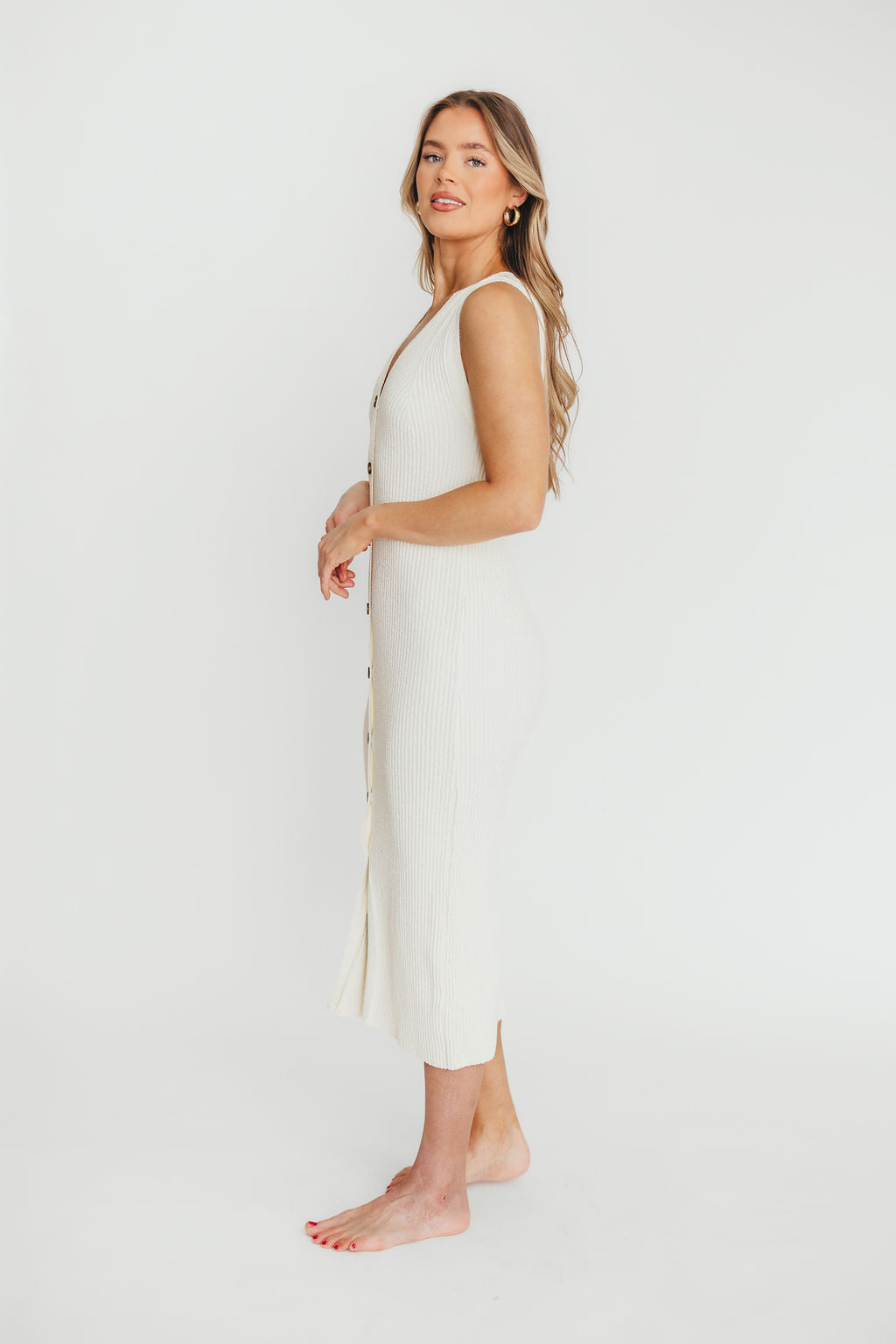 Lelani Button Down Ribbed Knit Midi Dress in White - Nursing Friendly