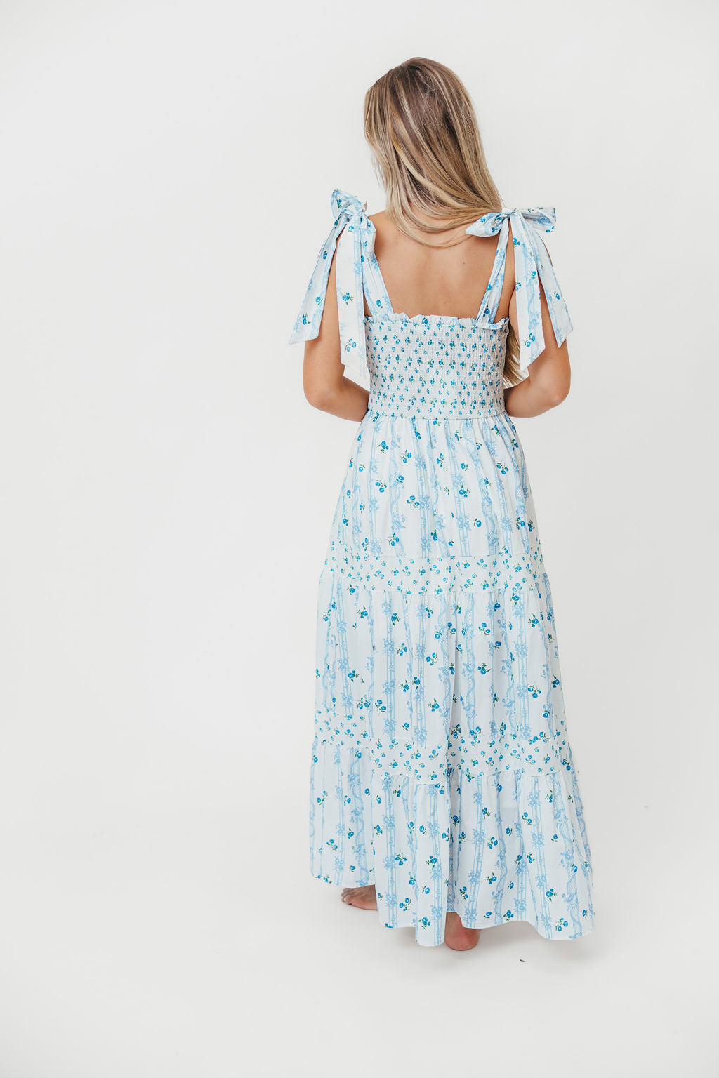 Kathryn Tie Shoulder Maxi Dress in Ivory/Blue Floral