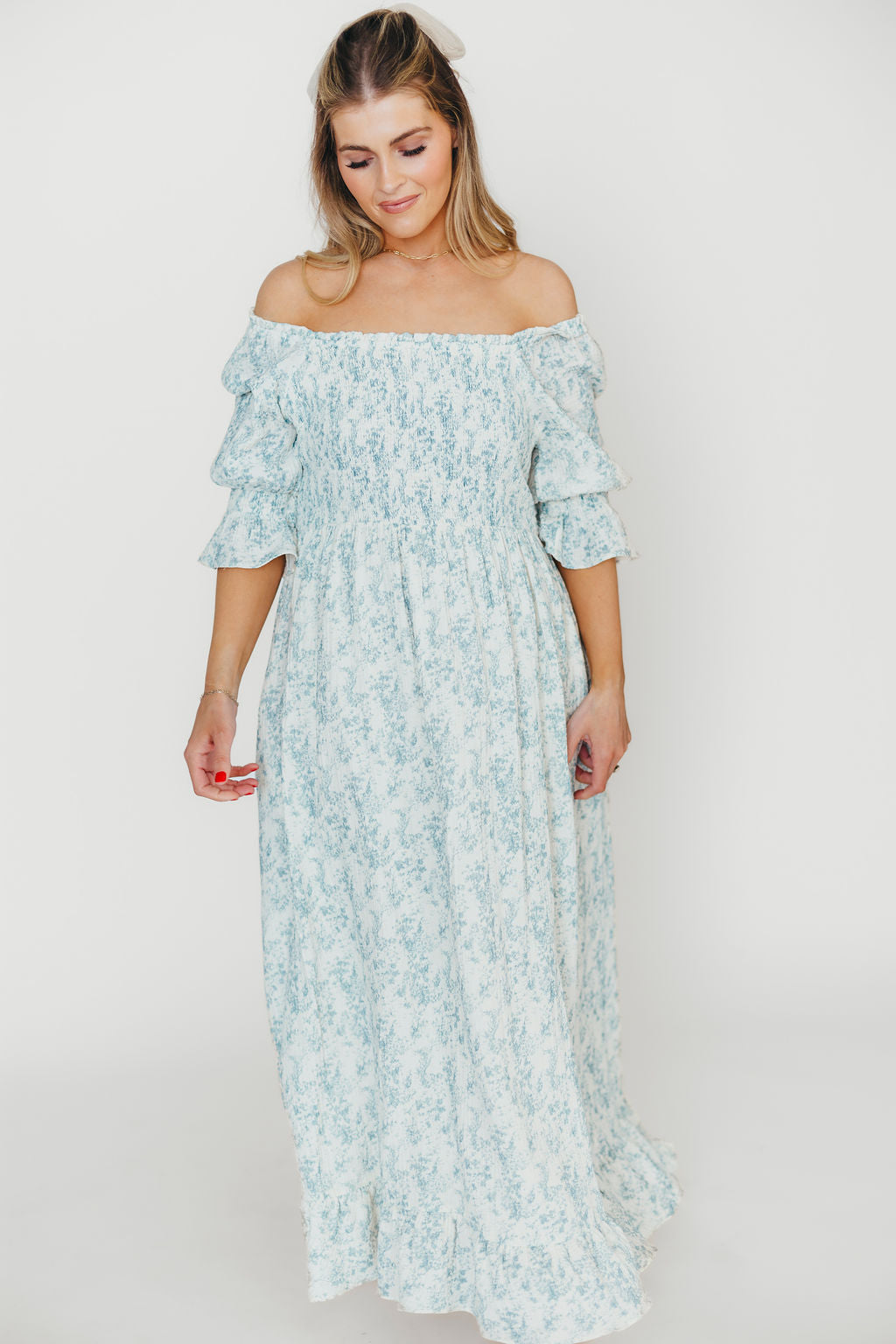 Sienna 100% Cotton Puff Sleeve Maxi Dress in Blue Floral - Bump Friendly