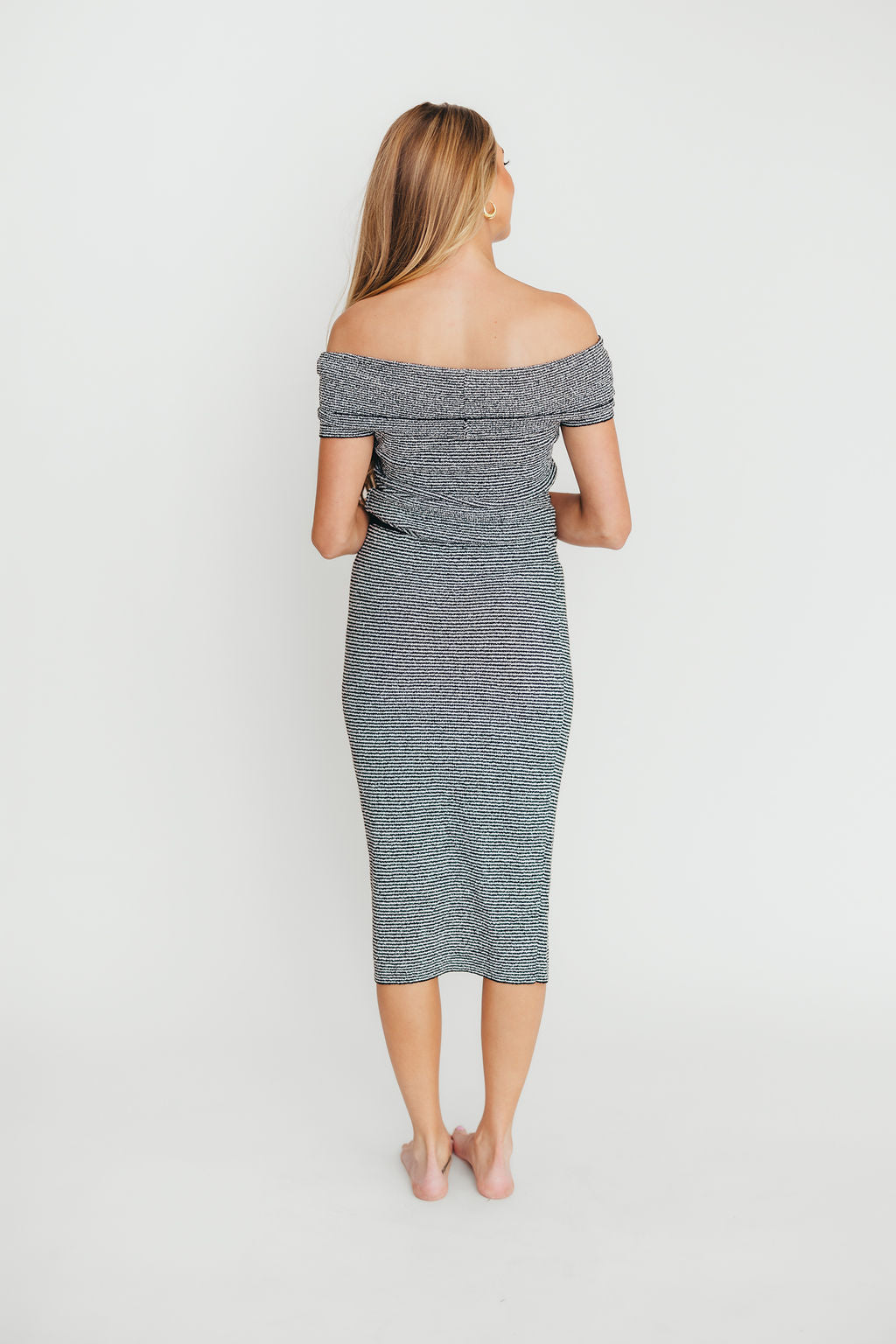 Kaia Off-Shoulder Top and Skirt Set in Black/White Stripe
