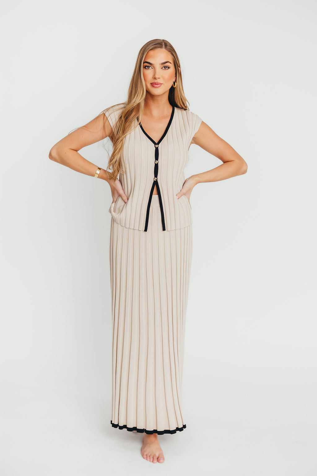 Arianna Contrast Knit Top and Maxi Skirt Set in Taupe/Black