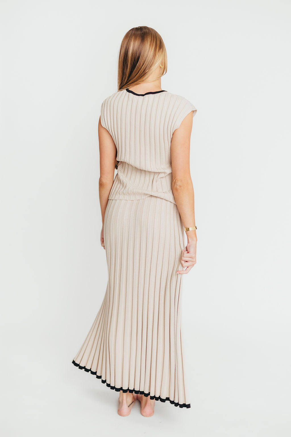 Arianna Contrast Knit Top and Maxi Skirt Set in Taupe/Black