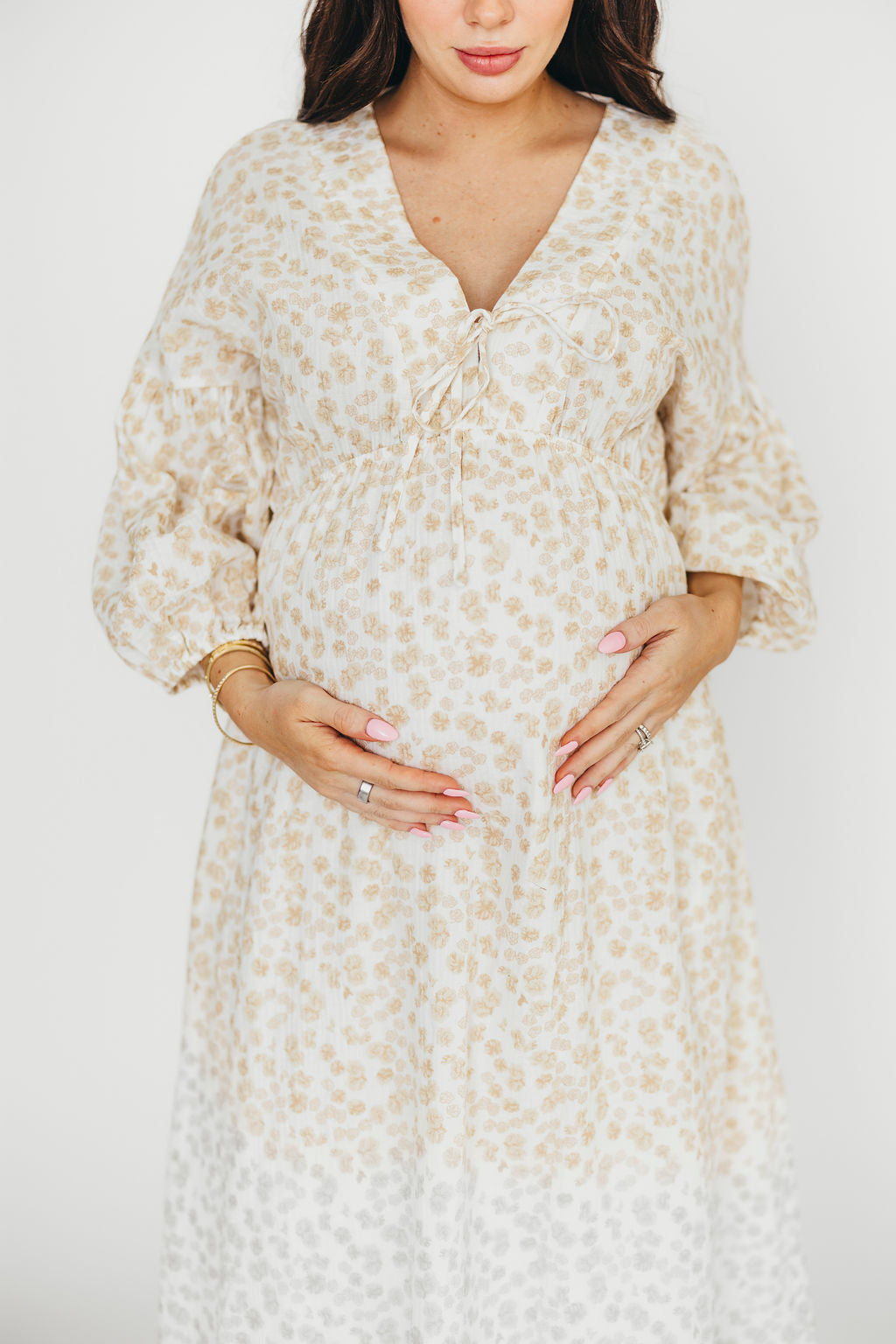Hunter 100% Cotton Gauze Midi Dress in Natural/Fawn Floral - Bump Friendly