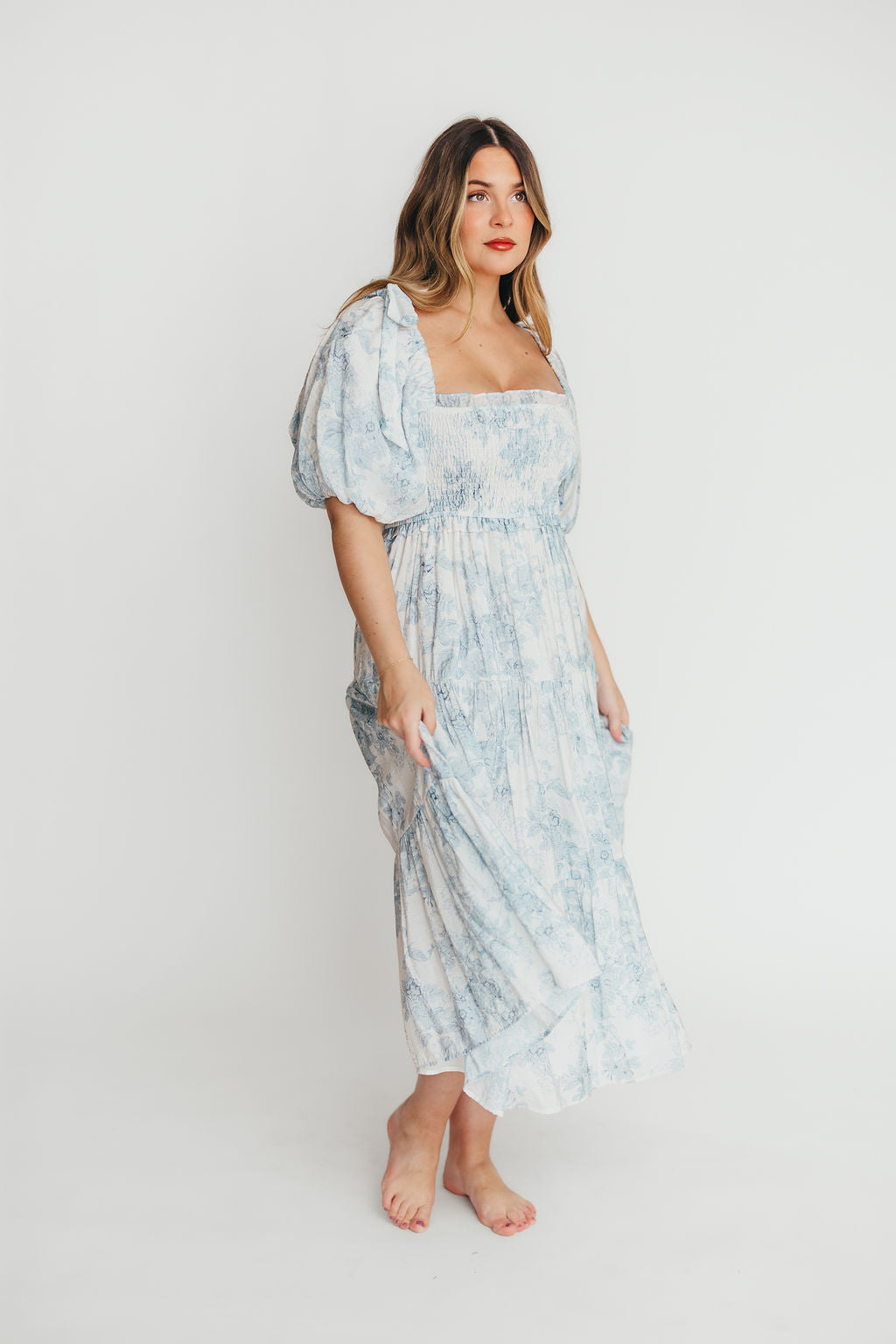 Elena Floral Print Smocked Midi Dress in Blue - Bump Friendly & Inclusive Sizing XS & S Left in Stock) (Restocking Remaining Sizes in Oct)