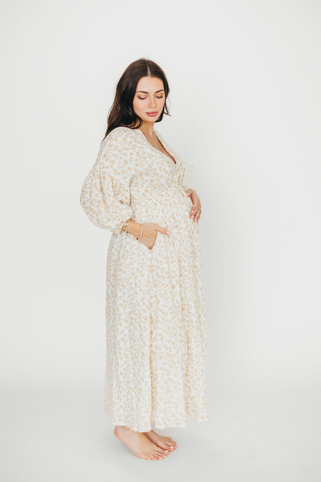 Hunter 100% Cotton Gauze Midi Dress in Natural/Fawn Floral - Bump Friendly