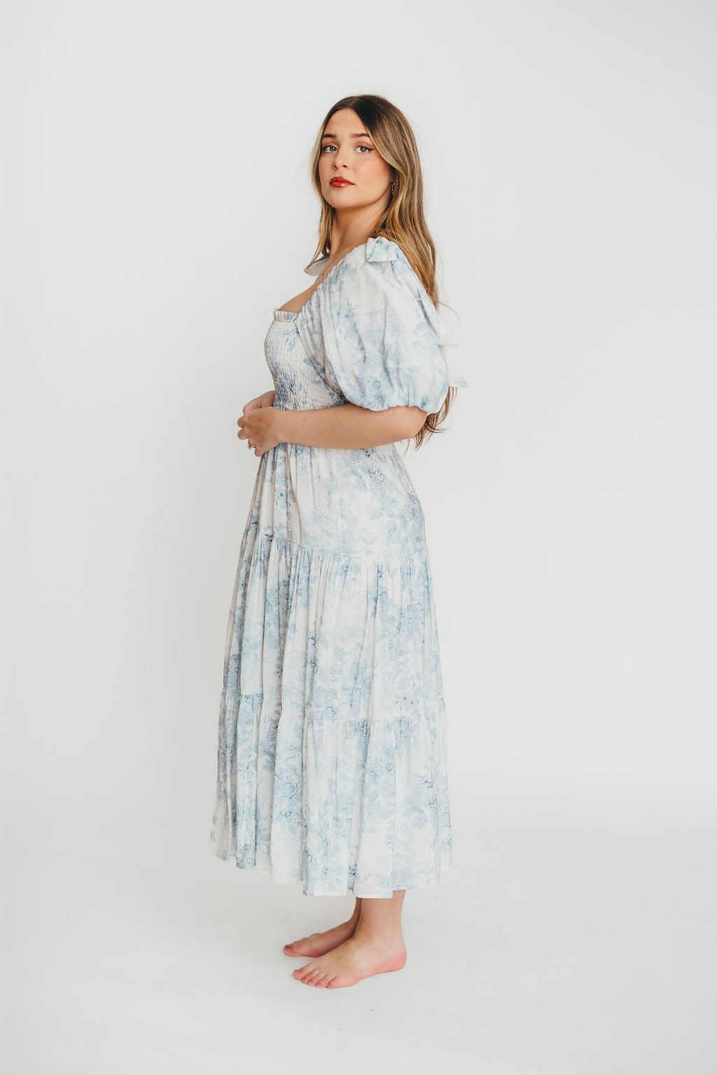 Elena Floral Print Smocked Midi Dress in Blue - Bump Friendly & Inclusive Sizing XS & S Left in Stock) (Restocking Remaining Sizes in Oct)