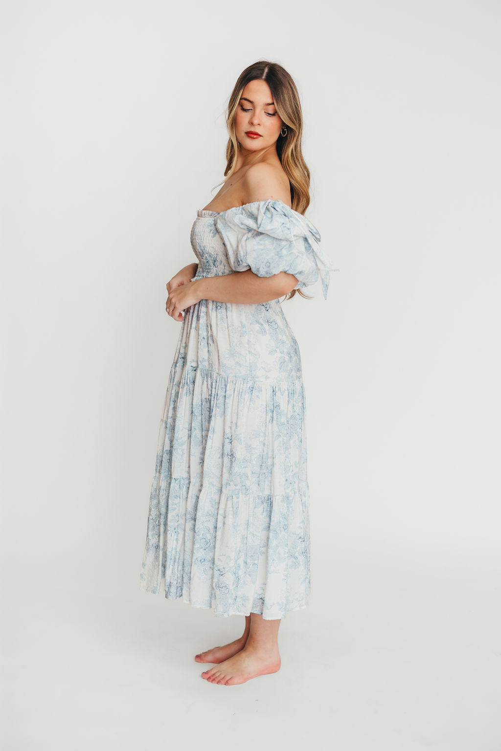 Elena Floral Print Smocked Midi Dress in Blue - Bump Friendly & Inclusive Sizing XS & S Left in Stock) (Restocking Remaining Sizes in Oct)