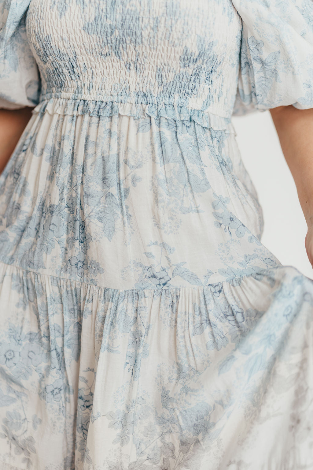 Elena Floral Print Smocked Midi Dress in Blue - Bump Friendly & Inclusive Sizing XS & S Left in Stock) (Restocking Remaining Sizes in Oct)