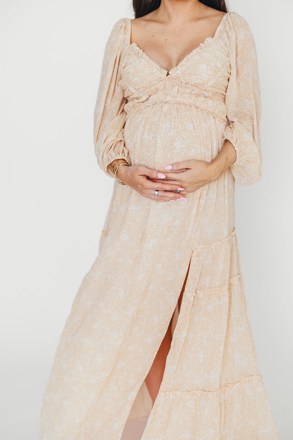Daphne Long Sleeve Maxi Dress in Light Beige/White Floral - Bump Friendly & Inclusive Sizing (XS-3XL)