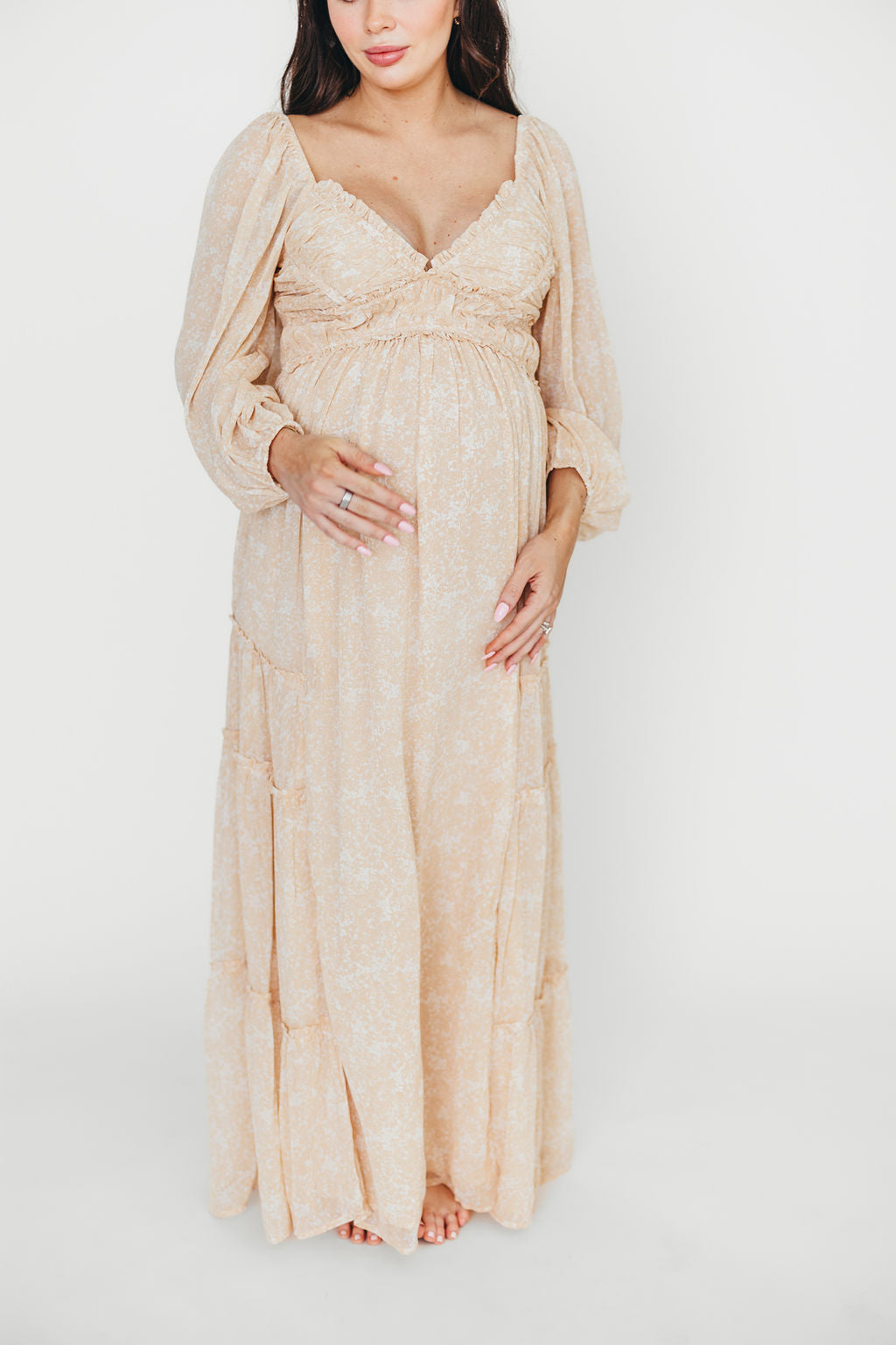 Daphne Long Sleeve Maxi Dress in Light Beige/White Floral - Bump Friendly & Inclusive Sizing (XS-3XL)