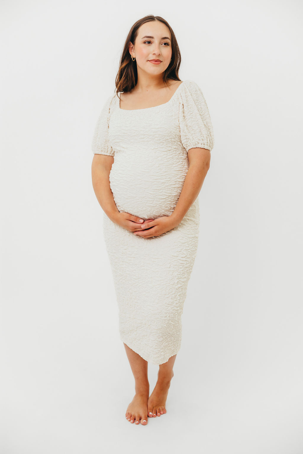 Blakeley Textured Midi Dress in Ivory - Bump Friendly & Inclusive Sizing (S-3XL)