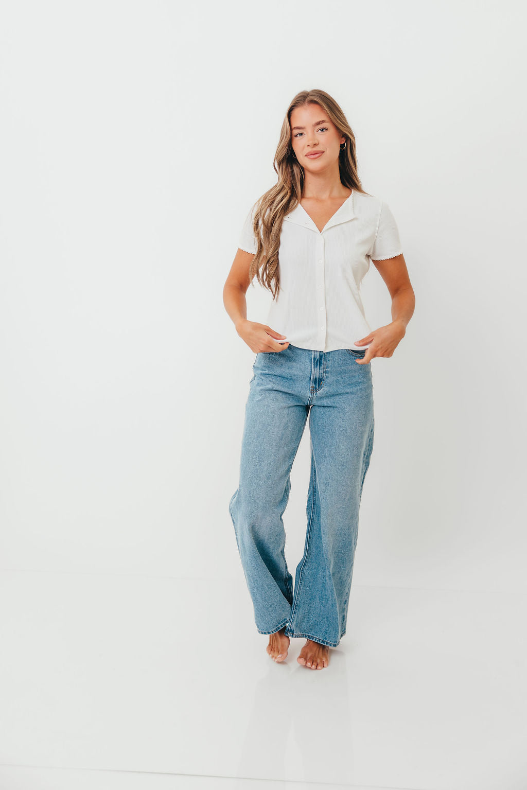 Petra Ribbed Button-Up Knit Top in Off White