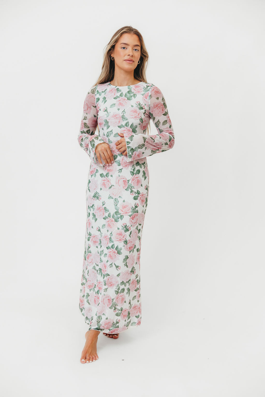 Leeland Floral Print Bell Sleeve Maxi Dress in Light Pink