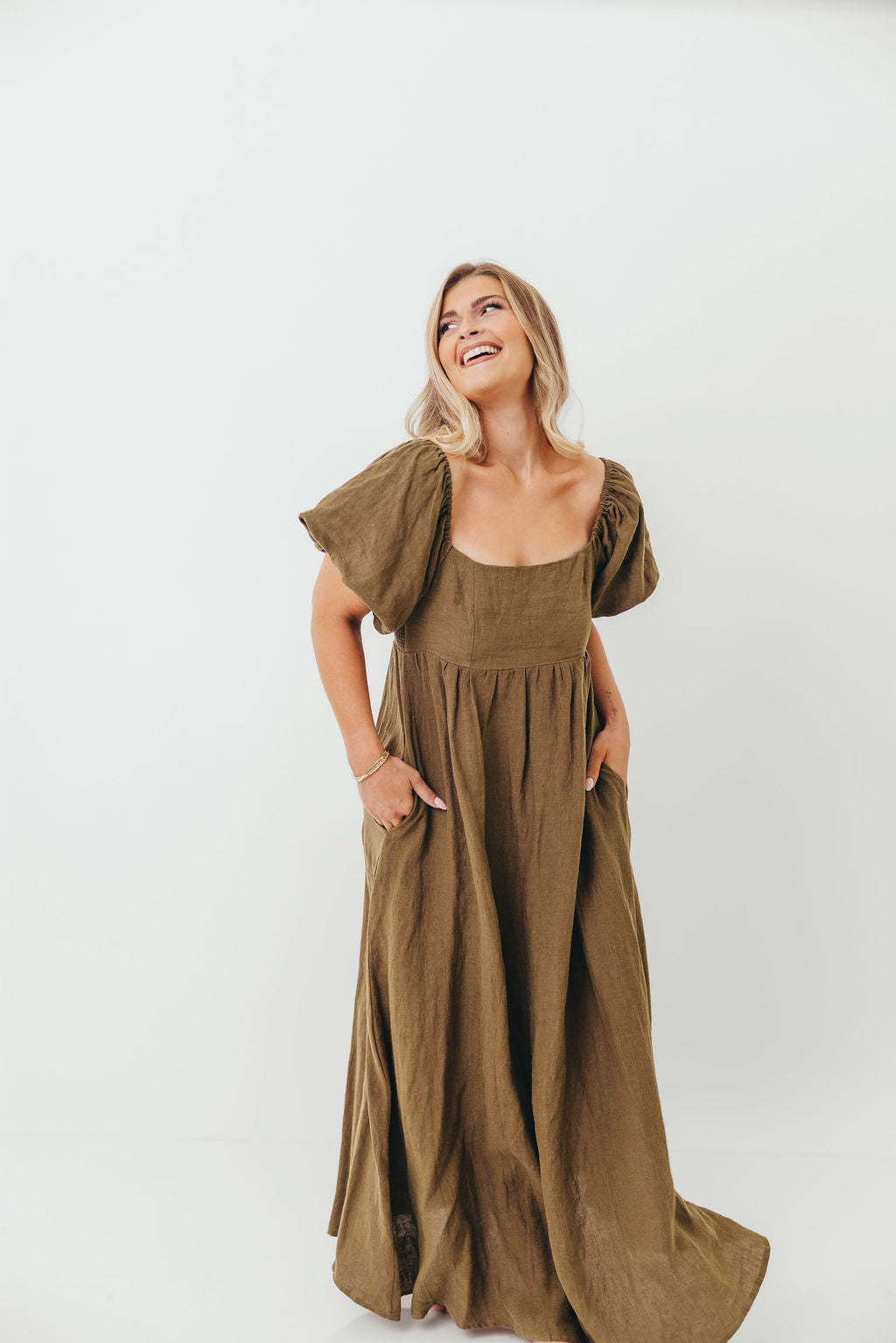 Candace Woven Linen Maxi Dress in Dark Olive - Bump Friendly