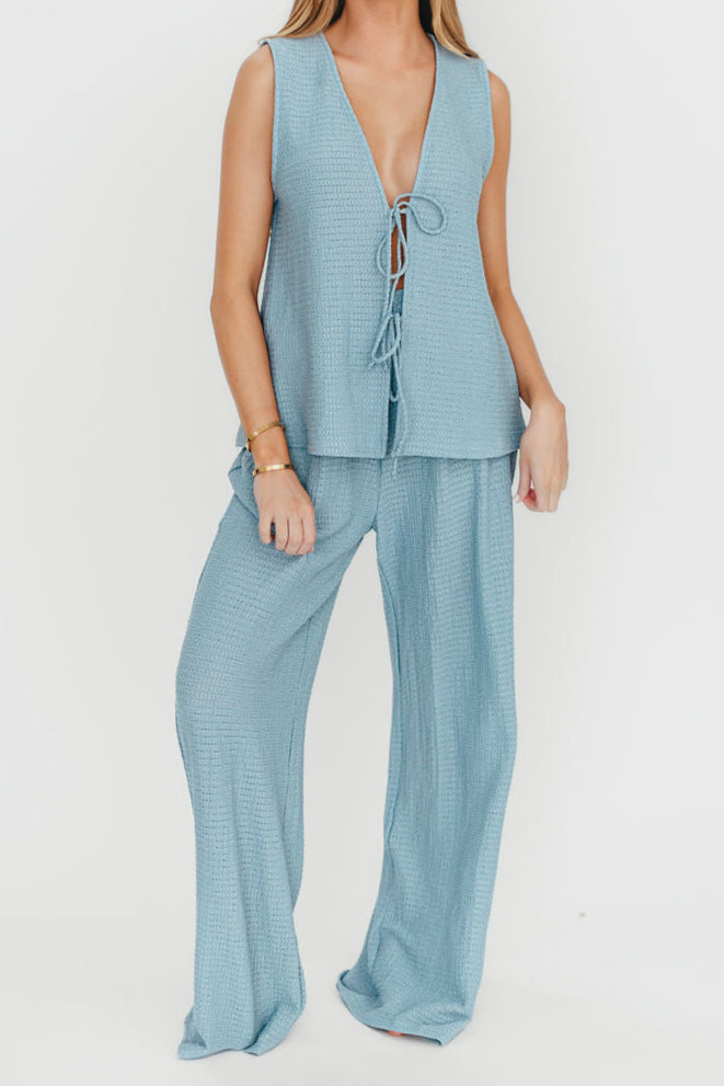 Cerena Vest Tie Top and Pants Set in Dusty Blue