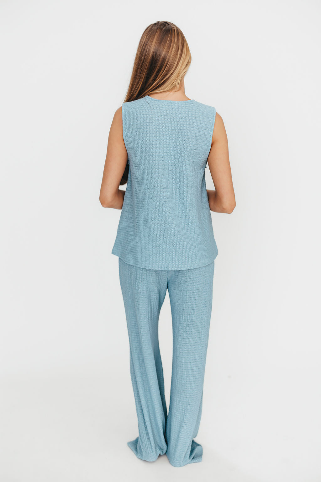 Cerena Vest Tie Top and Pants Set in Dusty Blue
