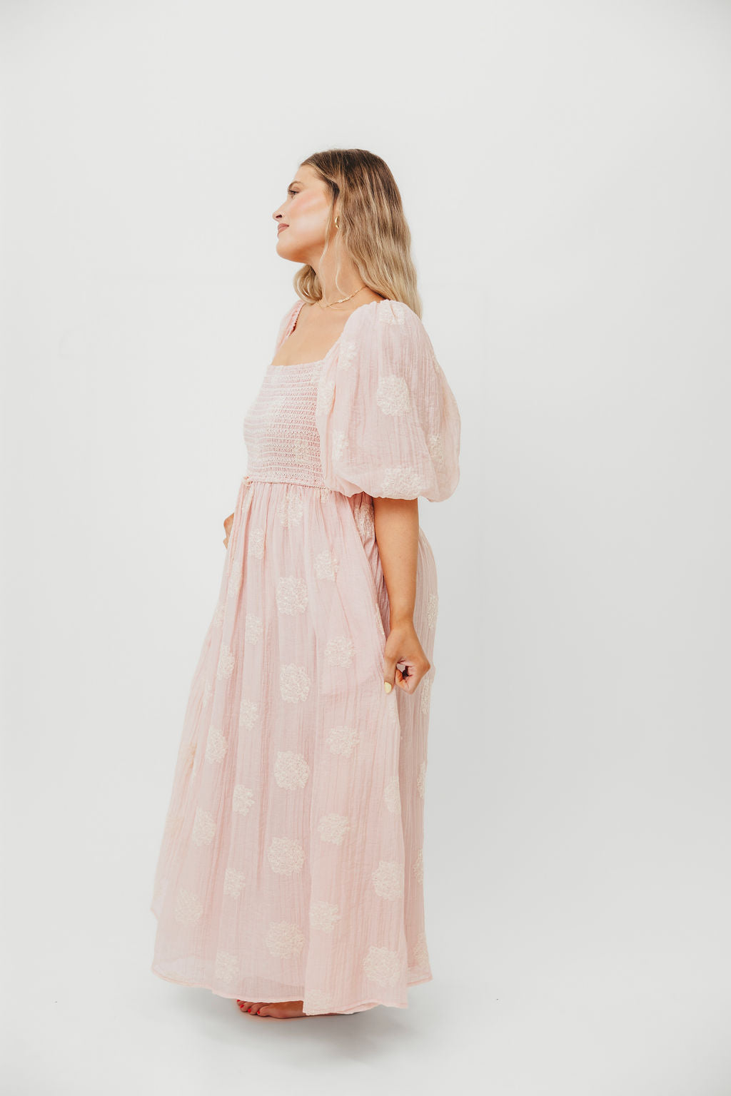 Aimee Smocked Embroidered Floral Midi Dress in Blush