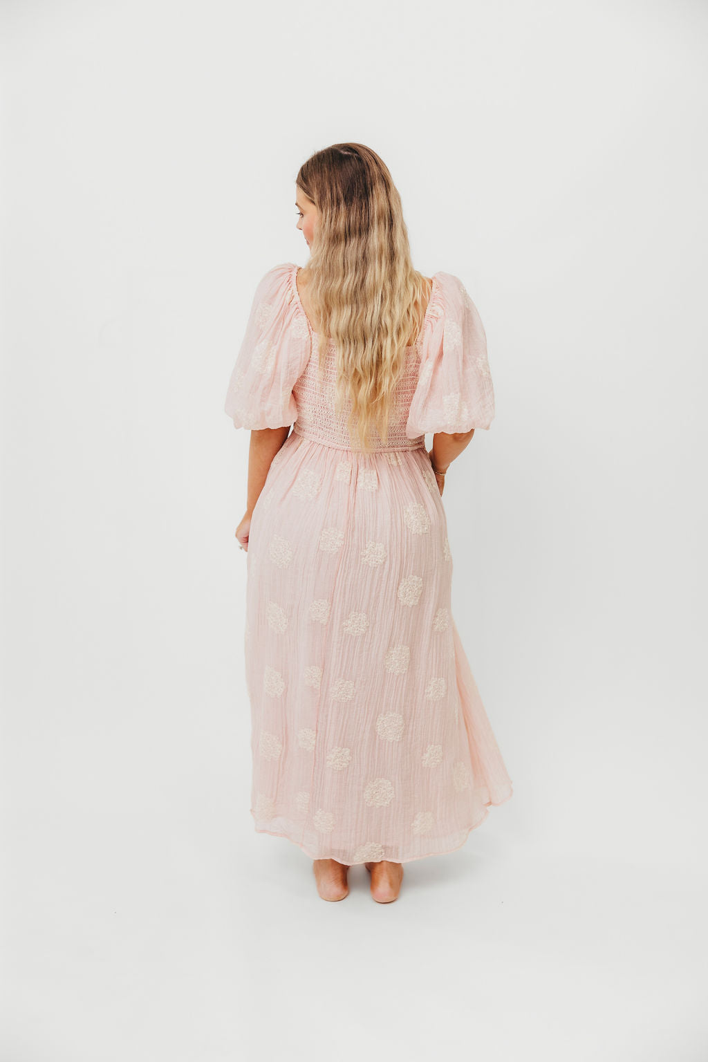 Aimee Smocked Embroidered Floral Midi Dress in Blush