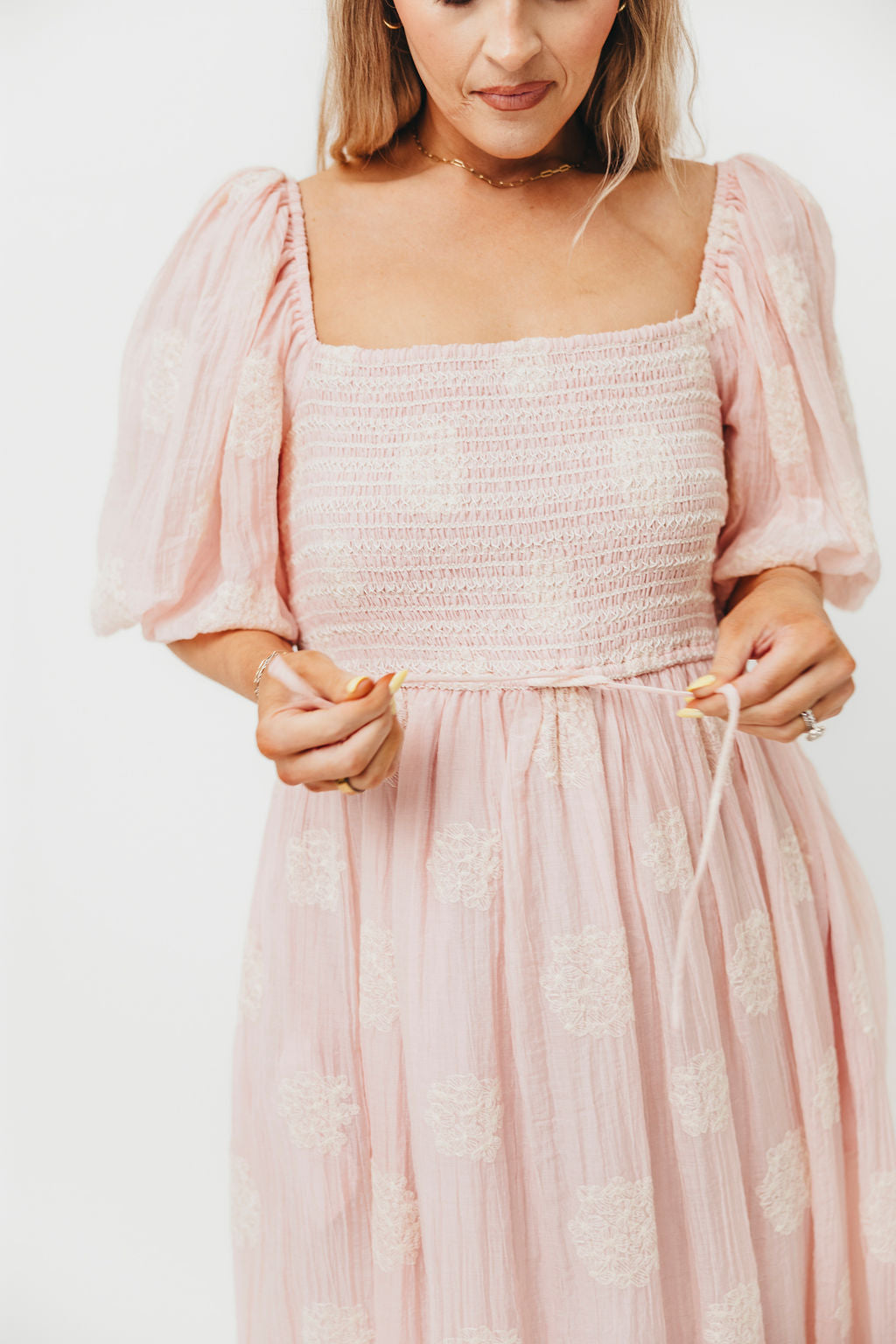 Aimee Smocked Embroidered Floral Midi Dress in Blush