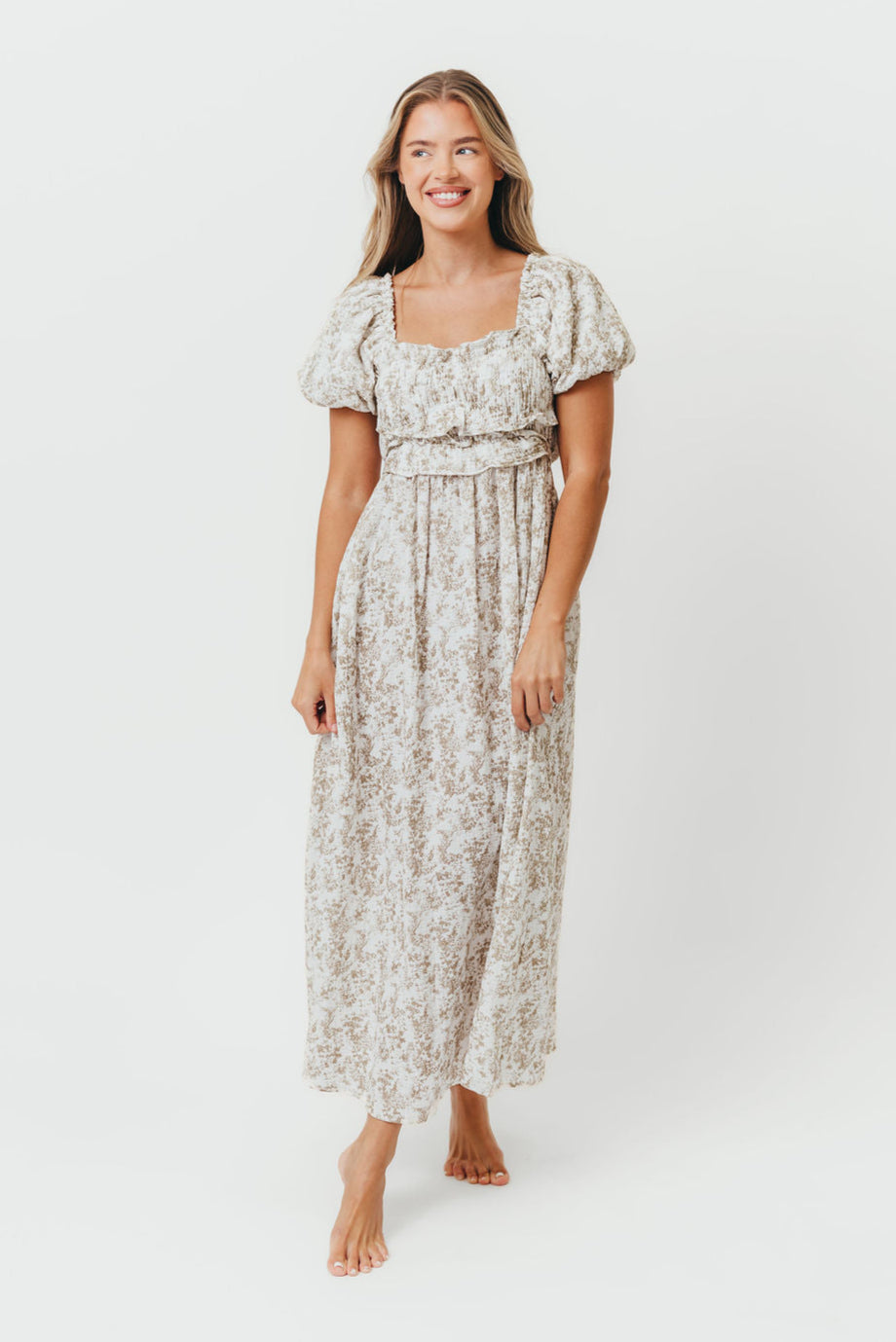 Finley 100% Cotton Peplum Midi Dress in Hampton Taupe - Bump & Nursing Friendly with Modest Back